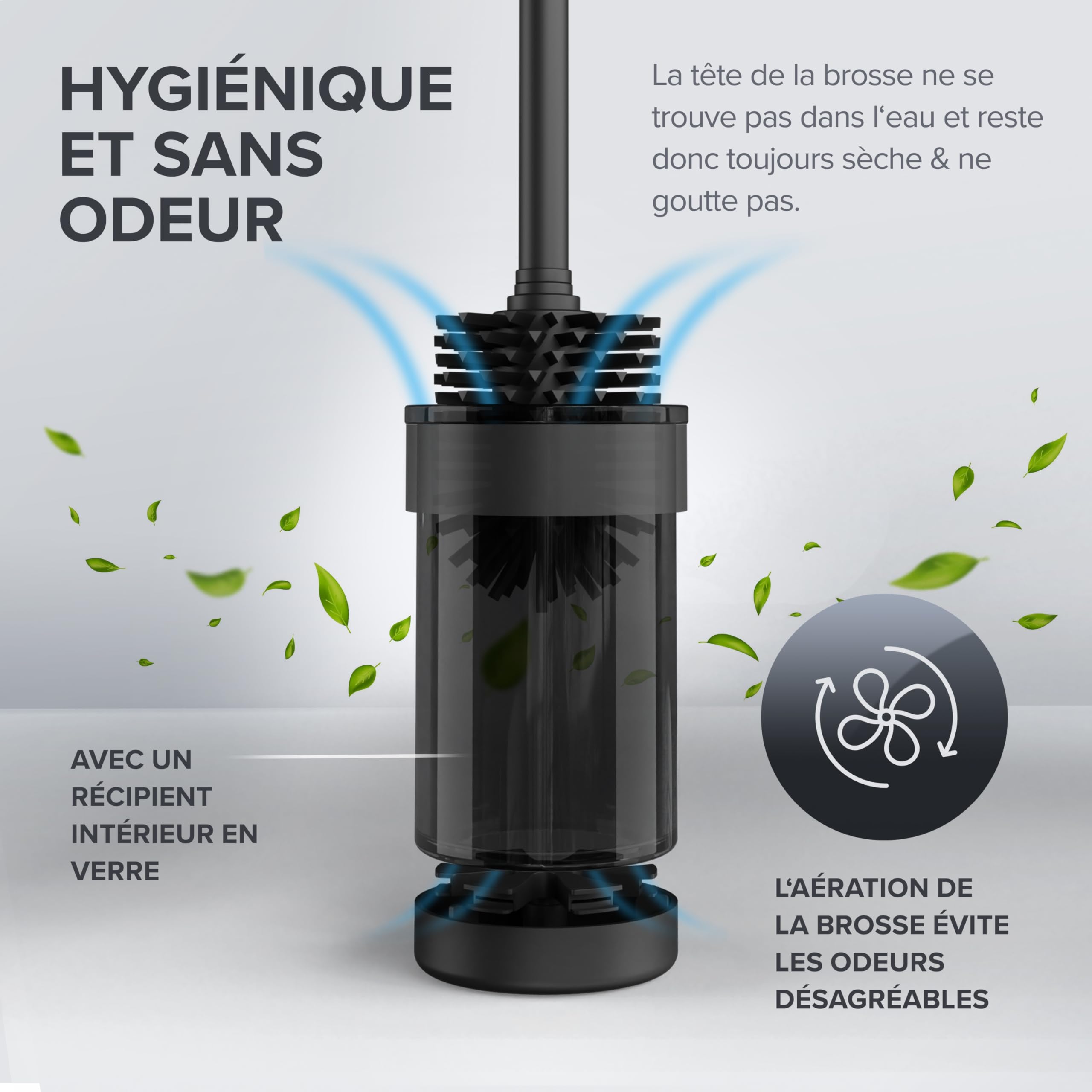 ovimar Brosse WC Finnkona - Noir - Montage Mural avec perçage - Brosse WC en Silicone - Fonction Ventilation - pour percer ou Coller - en Acier Inoxydable revêtu par pulvérisation