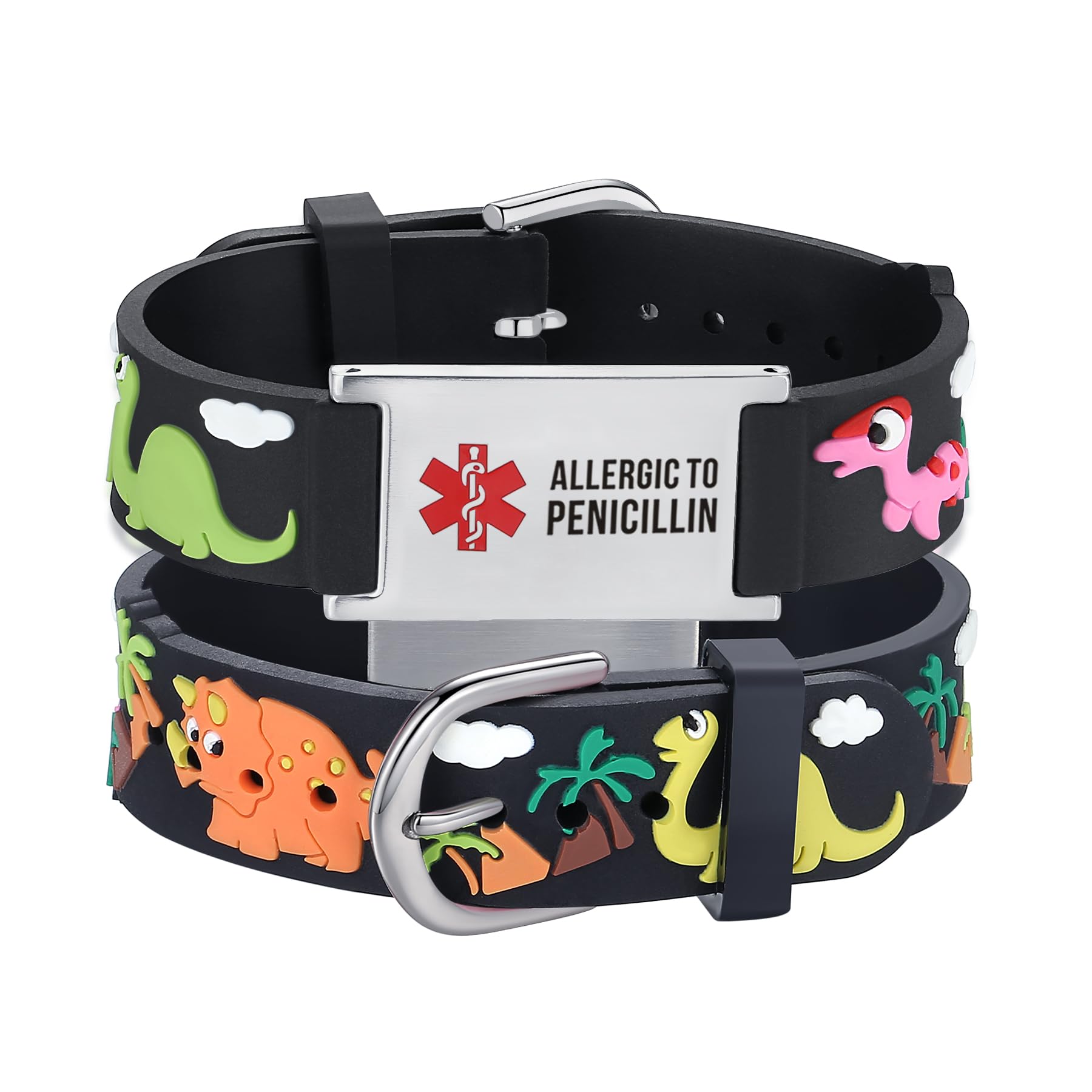 LinnaLove Medical Alert ID Bracelet – Custom or Pre-Engraved, QR Code Available,Blue Dinosaur Band