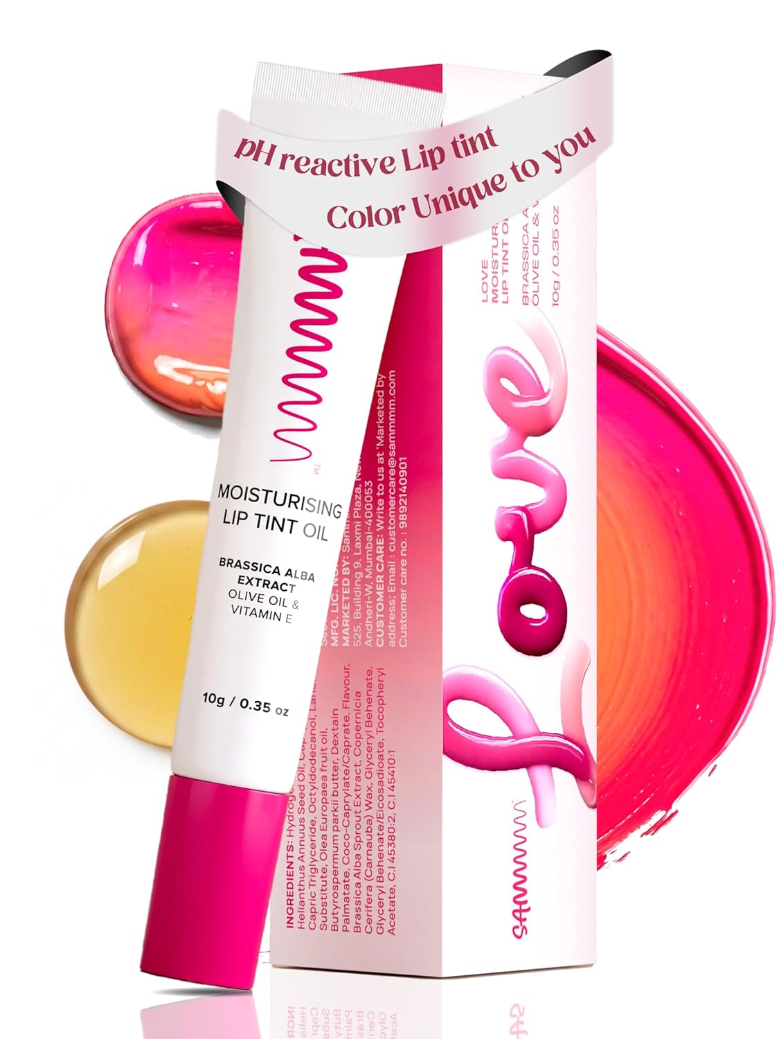 Sammmm LOVE Moisturizing Lip Tint Oil(10g) | pH Reactive Lip Oils with Natural, Glossy Pink Finish | Long-Lasting And Non-Sticky Liptint Infused with Olive Oil & Vitamin E | Formulated for Young Skin