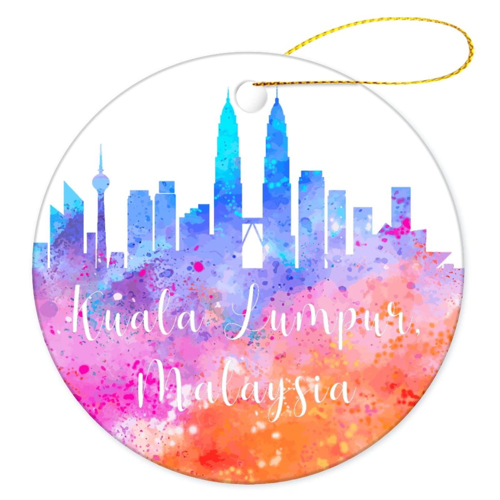 Christmas Tree Decoration 7.3cm, Malaysia-Kuala Lumpur City Watercolor Christmas Tree Decorations Multi-Colour Christmas Baubles Decoration Ceramic Xmas Ornament For Party