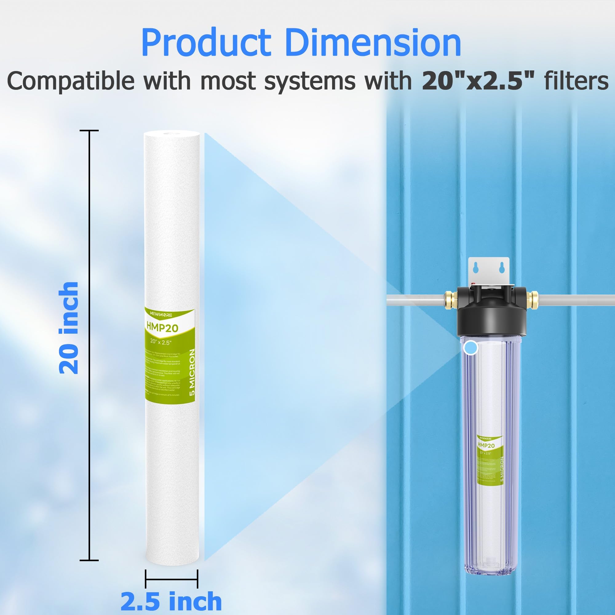 Cartucho de filtro de agua para toda la casa de 5 micras, filtros de sedimentos para agua de pozo, reemplazo universal para cualquier carcasa Silm de 20 pulgadas, cartuchos de 20 x 2.5