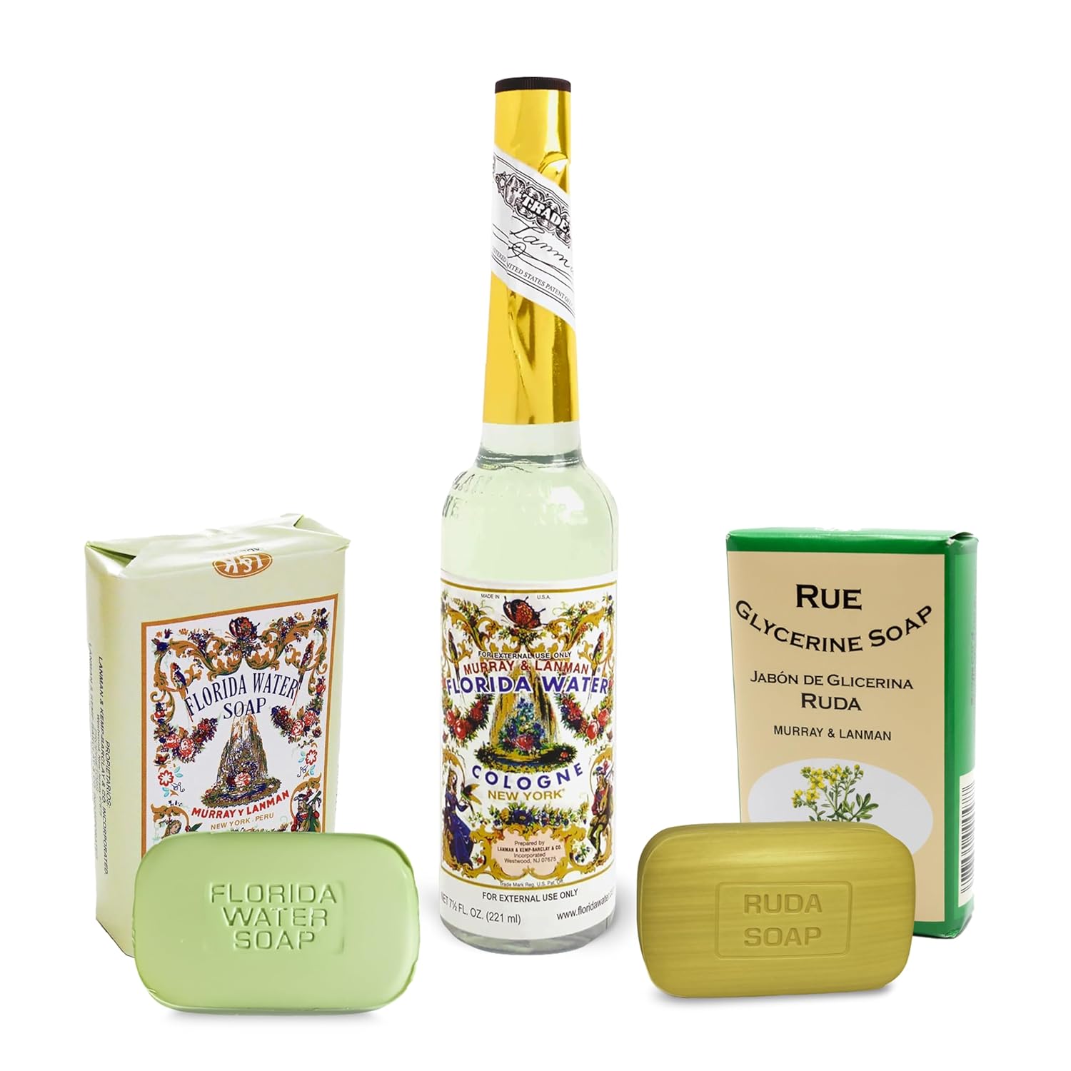 Florida Water Murray & Lanman Cologne 7.5 oz Bundle Soap 3.35 oz and Rue Glycerine Soap 3.35 oz (3 Items)