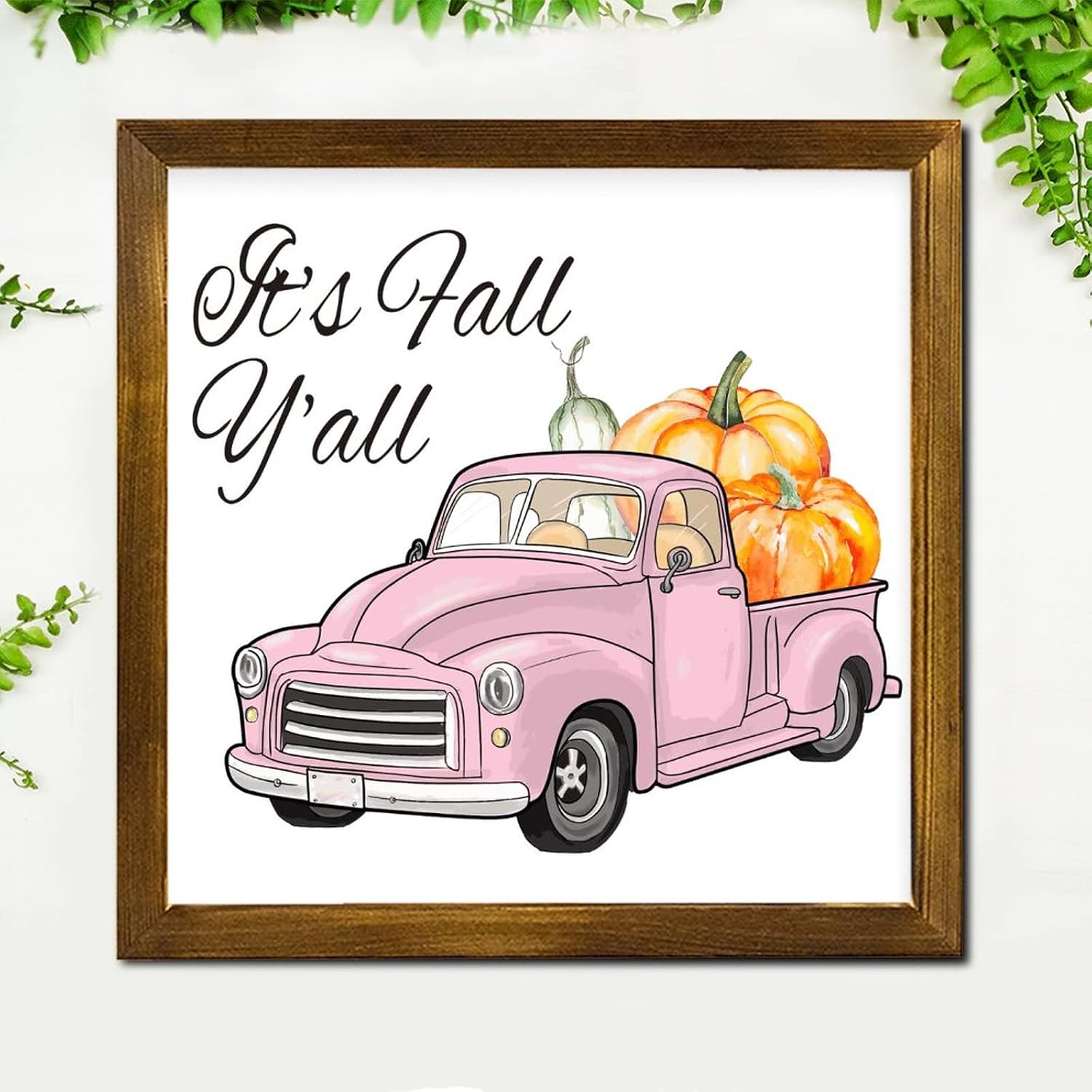 It's Fall Y'all Plaid Pumpkin Pink Truck Wood Framed Signs Maple Leaves Hanging Wall Art Classic Autumn Harvest Wall Decor Hanging Plaque Sign for Living Room Bedroom Dining Room 12x12 inch