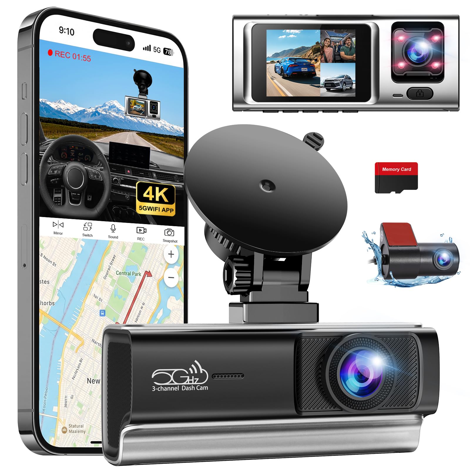HGLEQ 3 Channel 2.5K Dash Cam