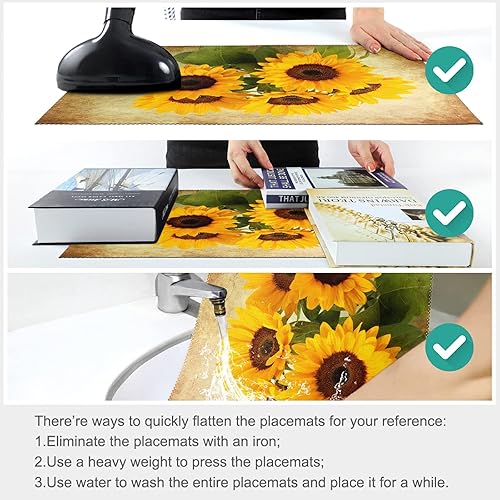 Miniatura 3 de visesunny Juego de 6 manteles individuales retro con diseño de girasol, para decoración de escritorio, antideslizantes, resistentes al calor, 12 x