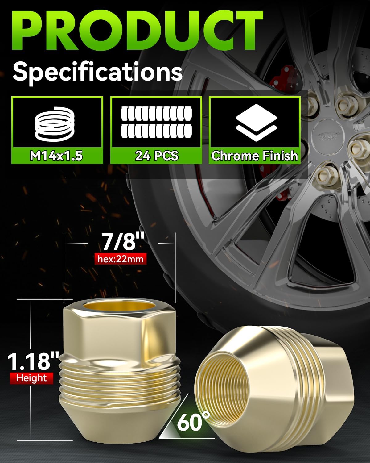 24 PCS 14mmx1.5 OEM Factory Wheel Lug Nuts, 14x1.5 Hex Drive 7/8" 1.18" Height Open End Bulge Acorn Lug Nuts, Compatible for Silverado Suburban Express Sierra 1500, Avalanche, Escalade