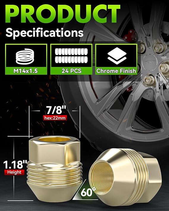 24PCS M14x1.5 Open End Lug Nuts Golden for Chevy GMC Cadillac