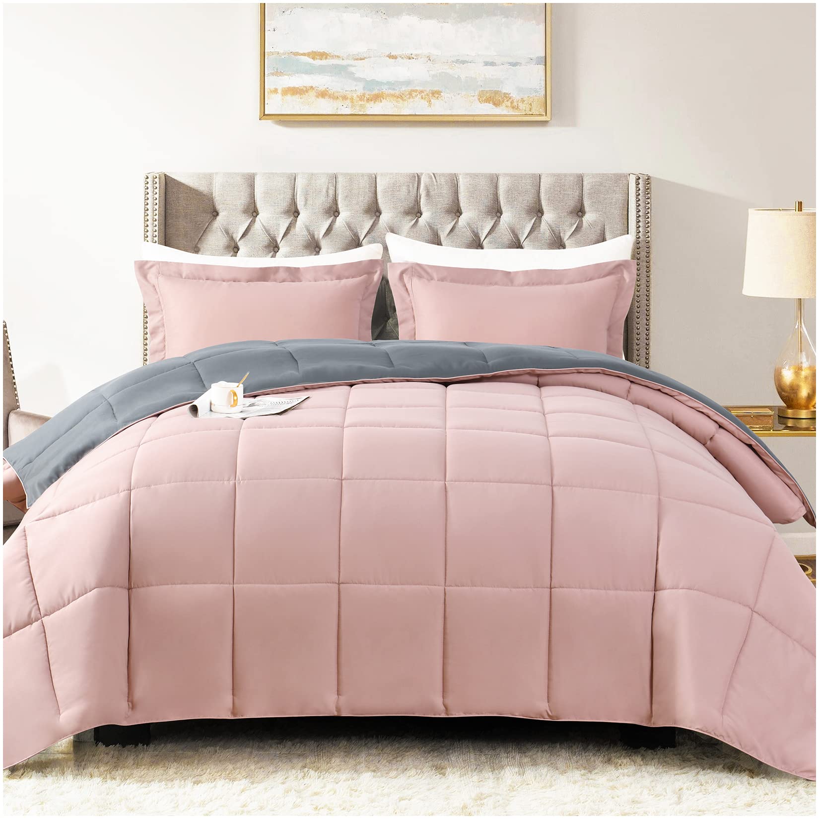 satisomnia King Comforter Set Pink, Lightweight Comforters King Size Bed, Soft Breathable Down Alternative Bed Comforter Set, Reversible All Season 3Pcs King Bedding Set with 2 Pillow Shams