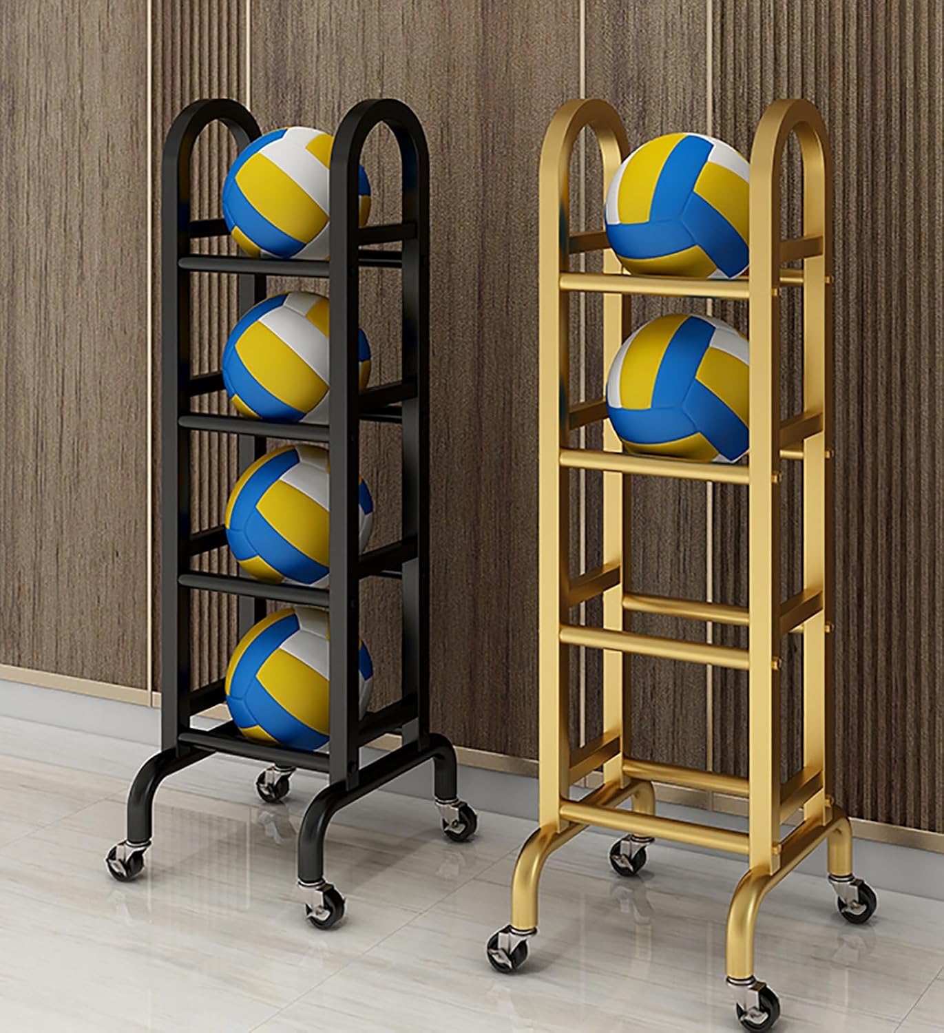 Gold Sports Ball Storage Rack - Floor-Standing Display Stand for Basketball, Volleyball, Baseball with Wheels - Organizer for Gym, School, Garage Equipment