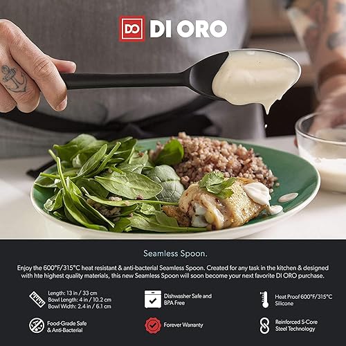Miniatura 4 de DI ORO - Cuchara de cocina  Silicona sólida 600F antiadherente de alto calor  Cuchara de cocina para cocinar y hornear  Utensilios grandes para