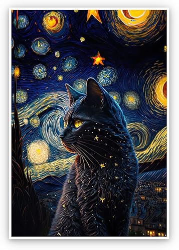 Lianxiaw Lienzo decorativo con diseño de gato de la noche estrellada, arte para la pared, pinturas al óleo famosas, póster de gato negro, divertido