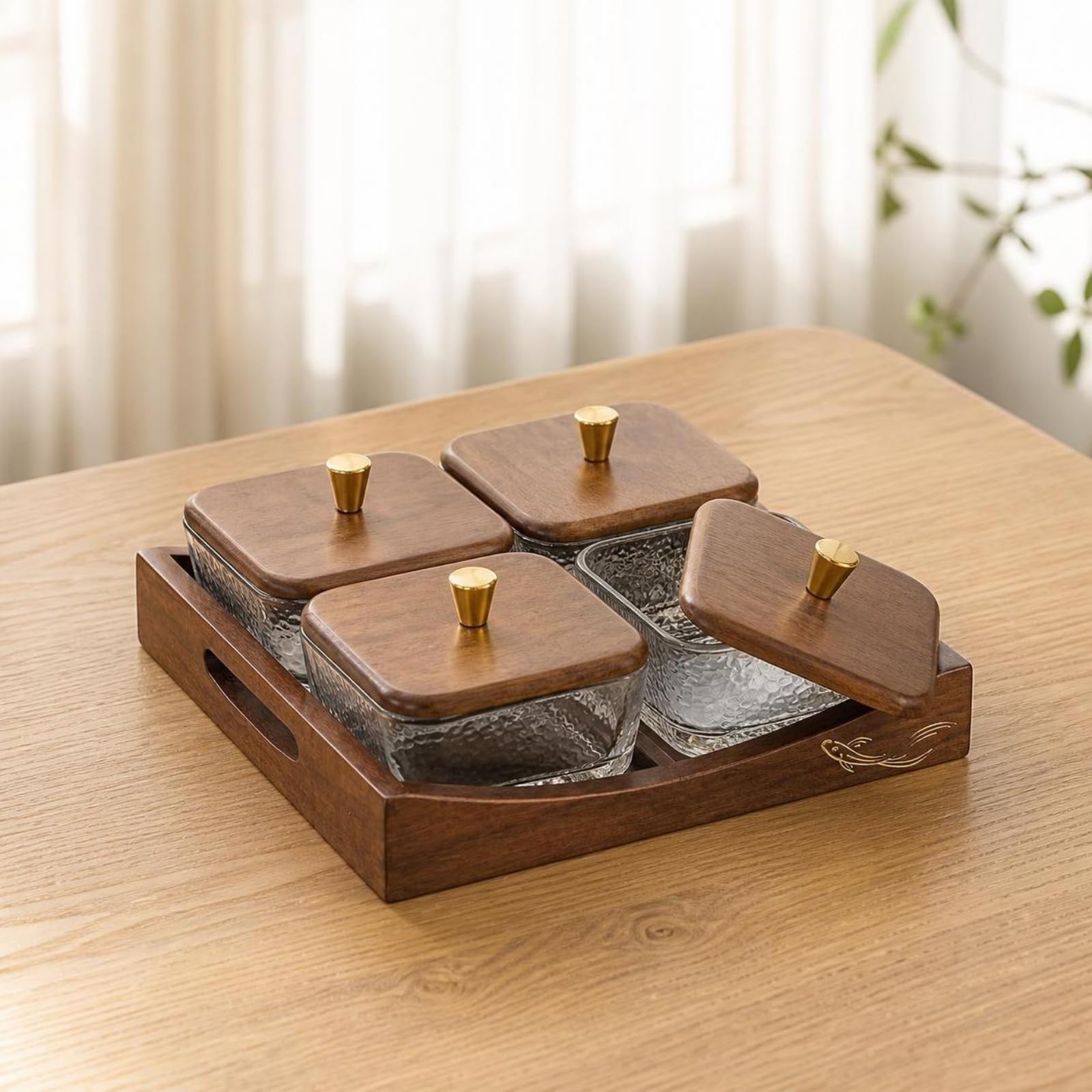 Plateau à Collation avec Coupelles Verre, Style Chinois Rétro, Plateau Rectangulaire À Quatre Compartiments Carrés Avec Coupelle En Verre Et Couvercles En Bois, color to 2
