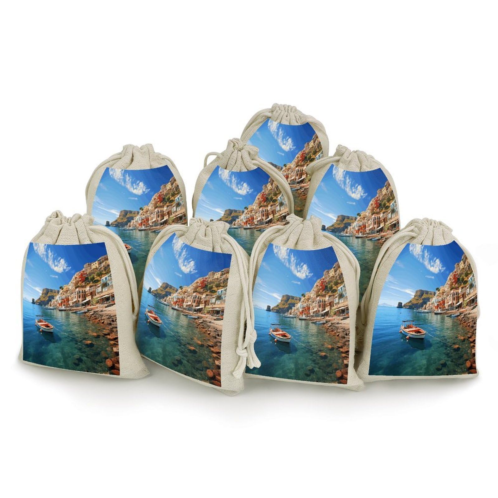 Adfgyerh Style Seaside Town Bags With Drawstring Reusable,Jewelry Bags 4.9 X 6.7 Inch, Set Of 8,Gift Bags For Party Wedding Storage Home Supplies
