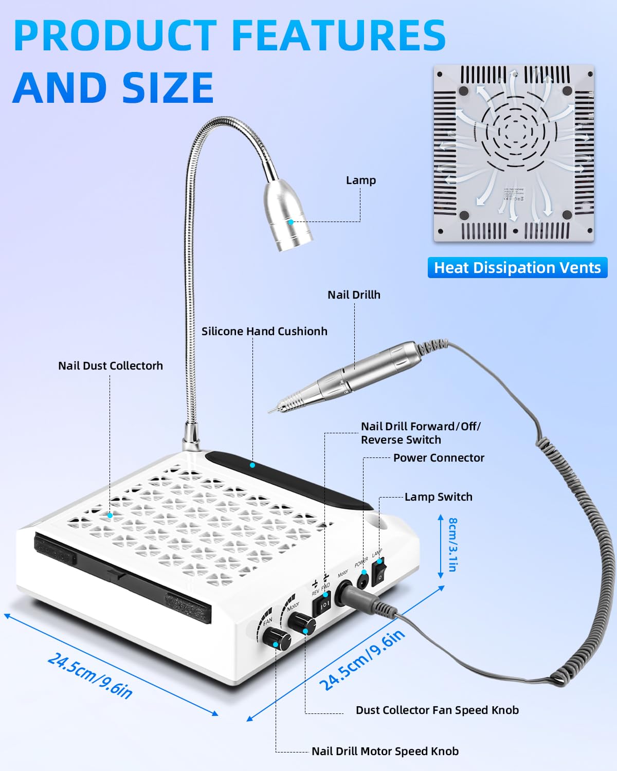 Kixolo Macchina unghie 4‑in‑1 aspiratore fresa 30000 giri luce LED 360° | Fresa per Unghie Professionale, Aspiratore Unghie, Poggiamano per Unghie , Nail Drill per Uso Domestico e In Salone