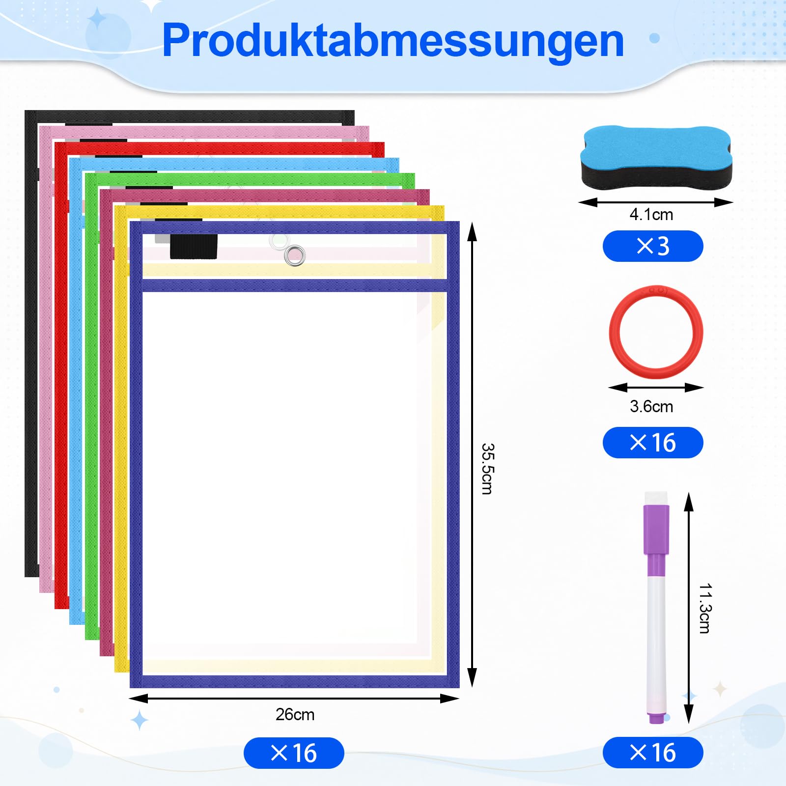 16 Stück Dry Erase Taschen, Abwischbare Durchsichtige Hüllen mit 16 Löschbare Stifte und 3 Radiergummi, A4 Wiederverwendbar Dry Erase Pockets für Schule, Büro, Zuhause