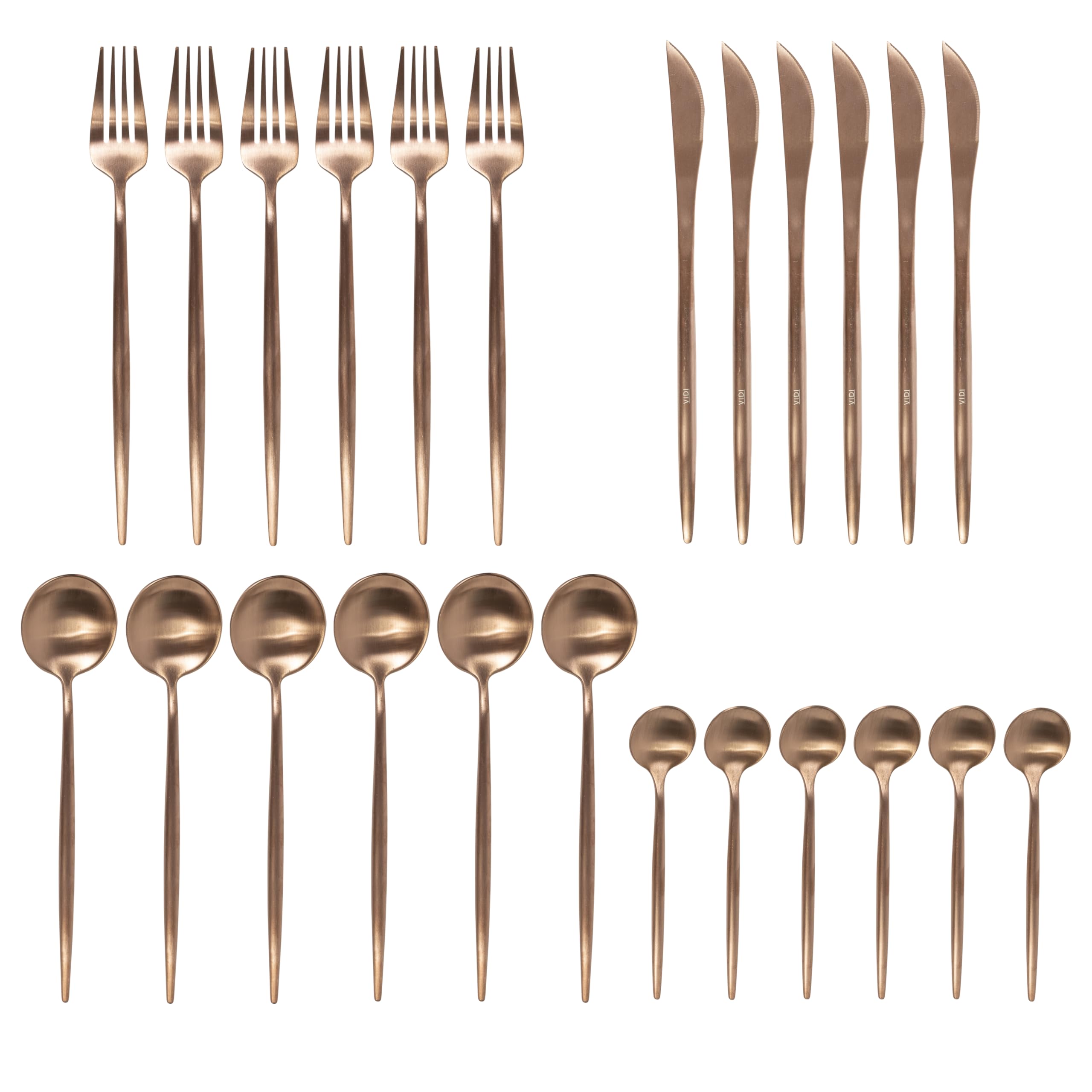 VIDI Ferro Set de Couverts Or Rose | Service de Table 6 Personnes | Couverts de luxe 24 pièces | Cuillères, Fourchettes, Couteaux, Cuillères à café | Acier inoxydable | Passe au Lave-vaisselle