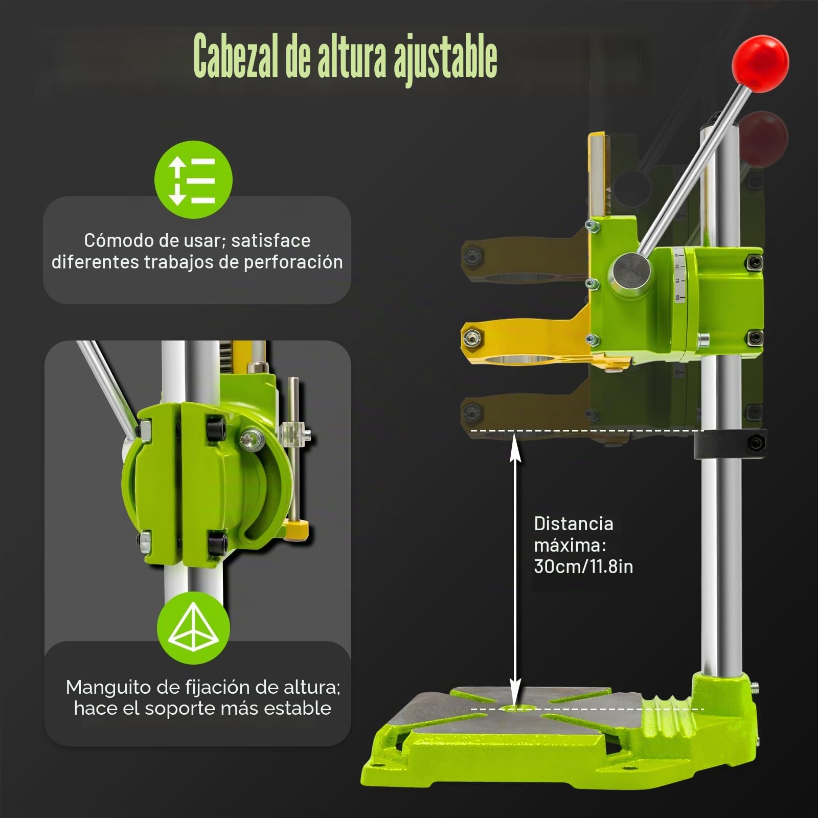 SHZICMY Soporte de perforación para taladro, taladro estándar, altura ajustable, abrazadera giratoria de 90 grados, columna portabrocas, no incluido, tornillo