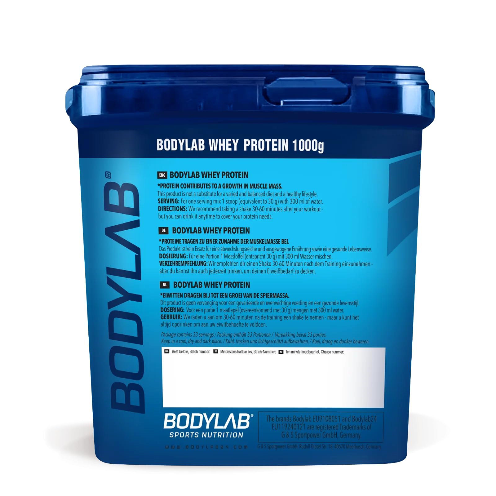 Bodylab24 Whey Protein Powder Triplo cioccolato 1kg, proteine per muscoli più forti, whey può promuovere la costruzione dei muscoli, con 80% di proteine, senza aspartamee