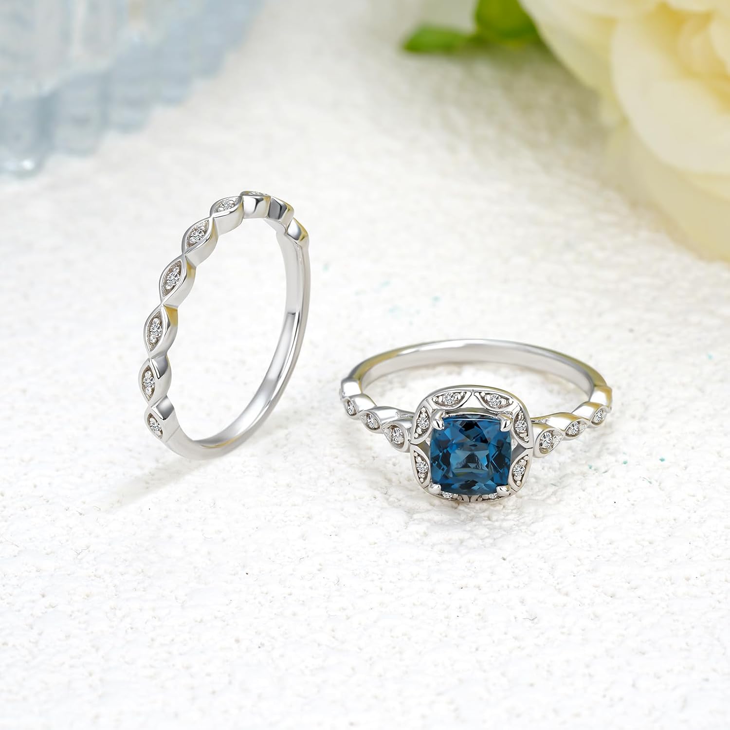 Natural Topaz Center Wedding Rings Sets, S925 Cushion Cut London Blue Topaz Engagement Ring Sets 18K White Gold Platinum PlatedBridal Ring Sets for Women Her Gift for Anniversary Wedding