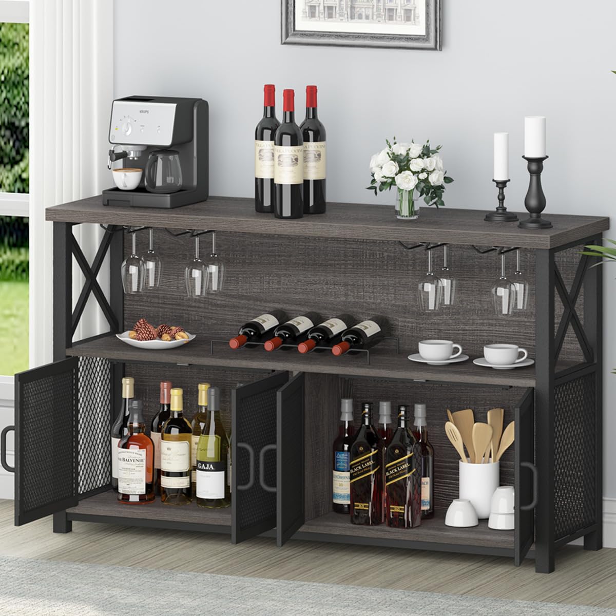 LVB Gabinete de bar de vinos, gabinete industrial para licor y vasos, aparador moderno con estante de almacenamiento, bar rústico de licor para cocina, comedor, sala de estar, roble gris oscuro, 47