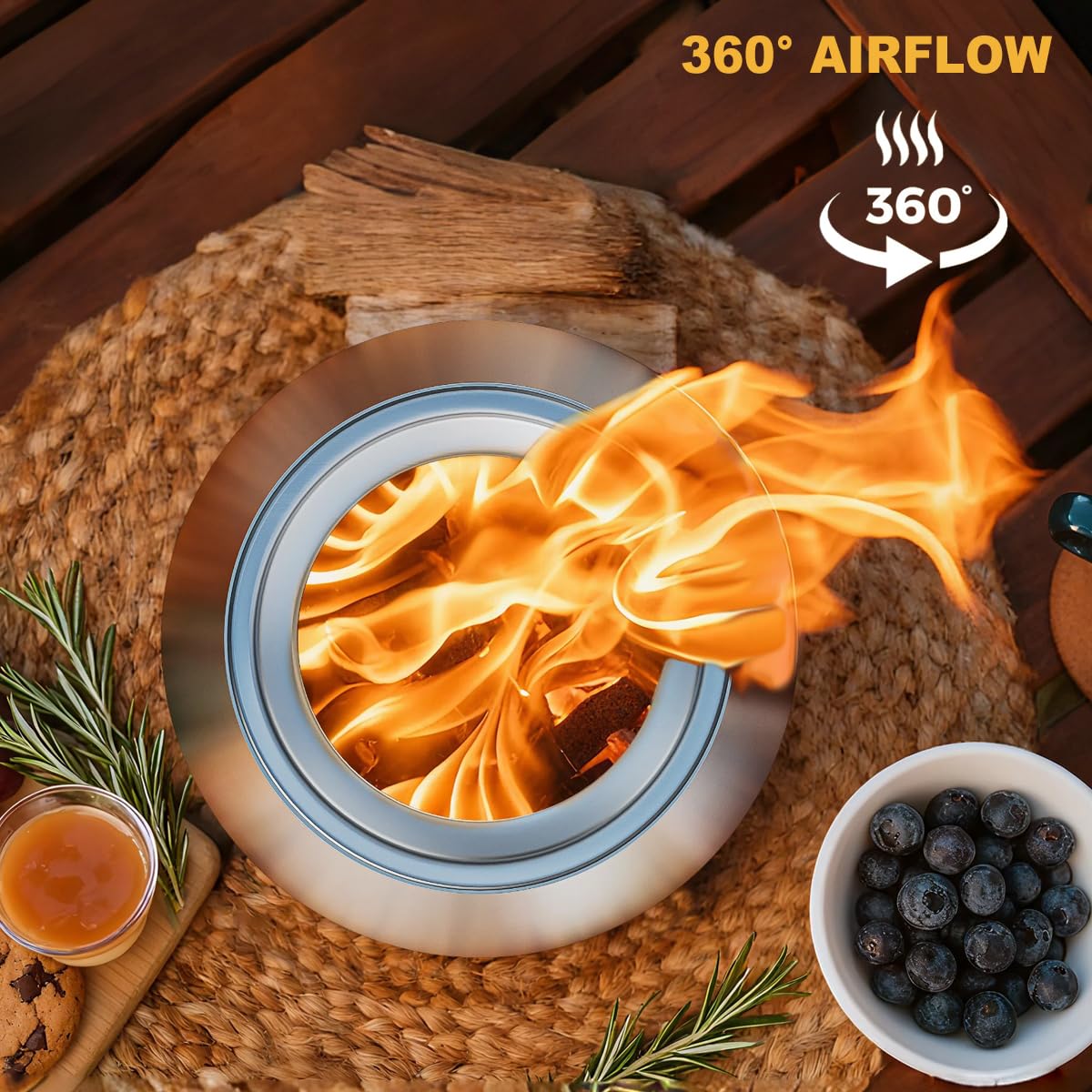FANHAO Brasero Exteriores, Brasero sin Humo SUS304 Acero Inoxidable Mini Chimenea de Mesa Cesta para Fuego Barril de Fuego con Soporte Bolsa de Almacenamiento, Apto para Acampar y Uso al Aire Libre