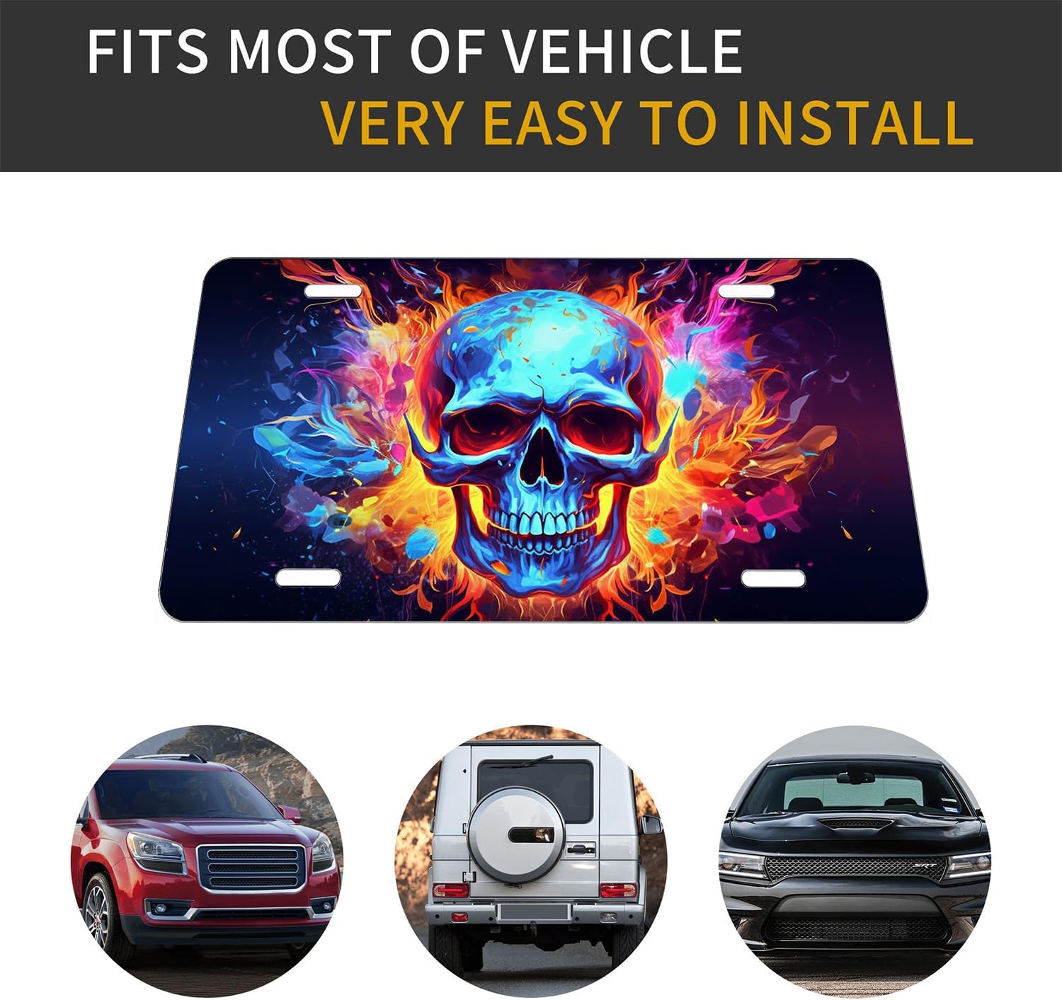 Skull Head.Front License Plate Cover Car Decor Accessory Aluminum Metal Rust-Proof US Car Plate Novelty Vanity Tag Cover with 4 Holes for Men Women 6 * 12 in (LVCP10240015)