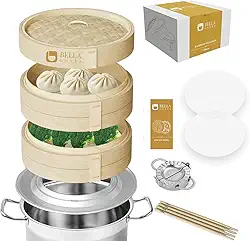 vaporizador de bambu para cozinhar - cesto para vaporizador com anel - cabe em qualquer panela e panela - vaporizador para bolinhos - incl. pauzinhos extras e forros de silicone