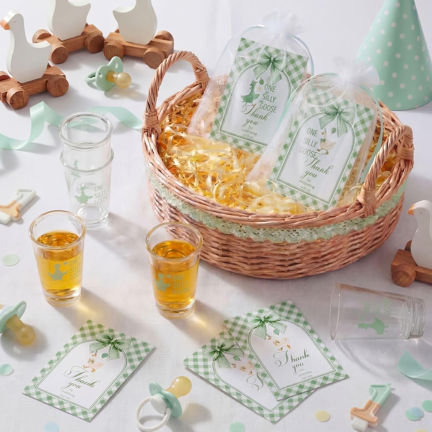 Vesici 50 Sets Silly Goose Party Favors for Guests Include Baby Shower Shot Glass and Card Organza Bag for Birthday Baby Shower Goose Party Supplies (Green)