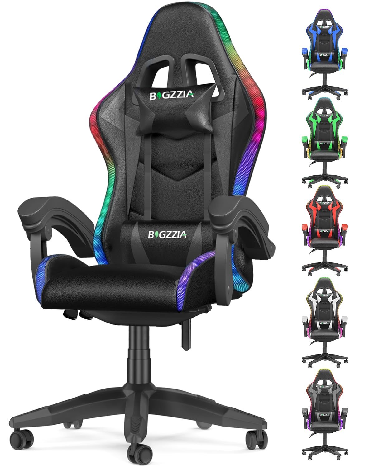 bigzzia Silla Gaming con Luces LED,Silla Ergonómica Gaming,Altura Regulable Silla con Apoyo Lumbar y Reposacabezas, Respaldo Inclinable hasta 155° (Utilización RGB, Negro)
