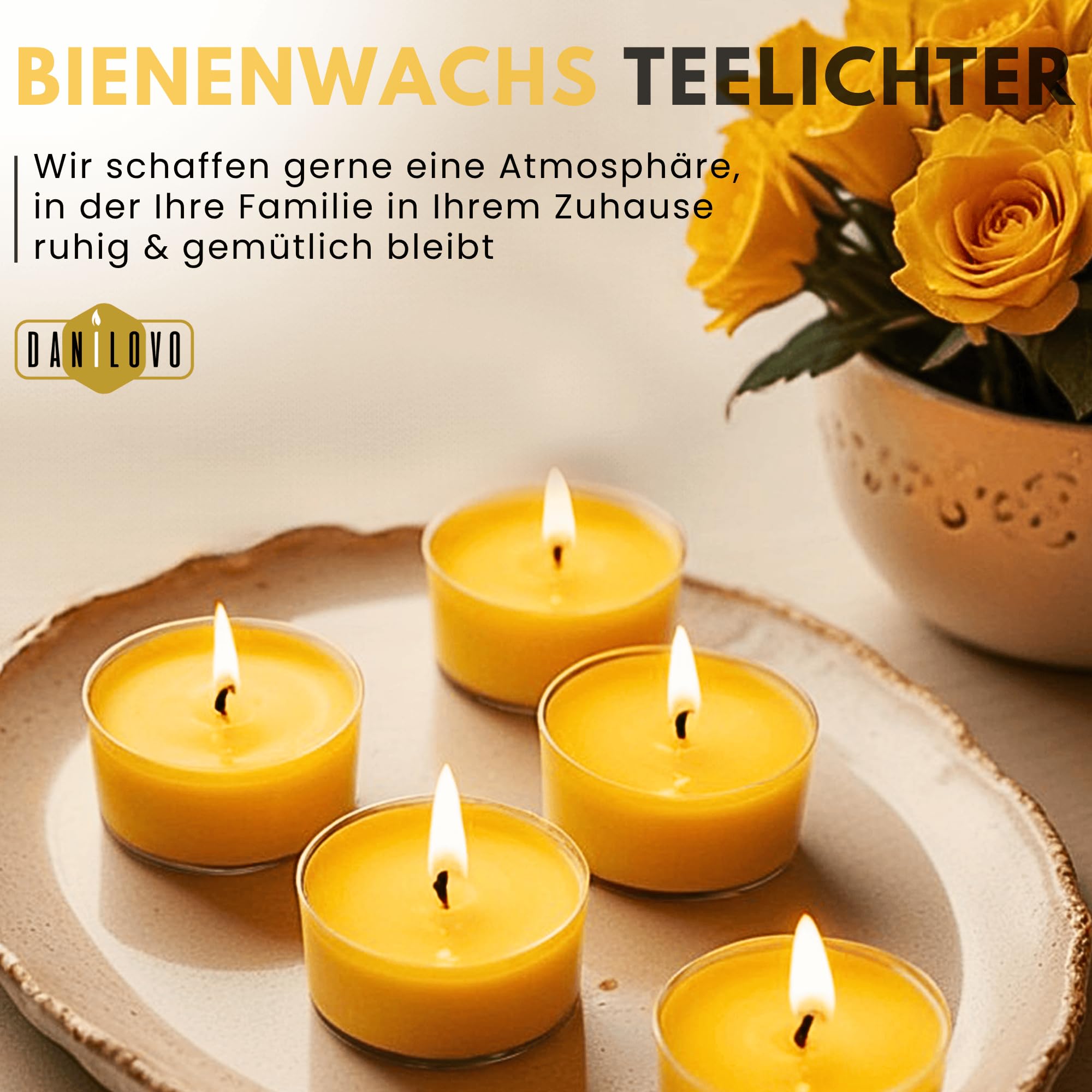 100% Bienenwachskerzen – Bienenwachs Teelichter mit Baumwolldochten – 4 Stunden Brennzeit –48-teiliges Kerzenset – Kerzen mit Recyceltem Kunststoff – Reine Bienenwachs Kerzen von Danilovo
