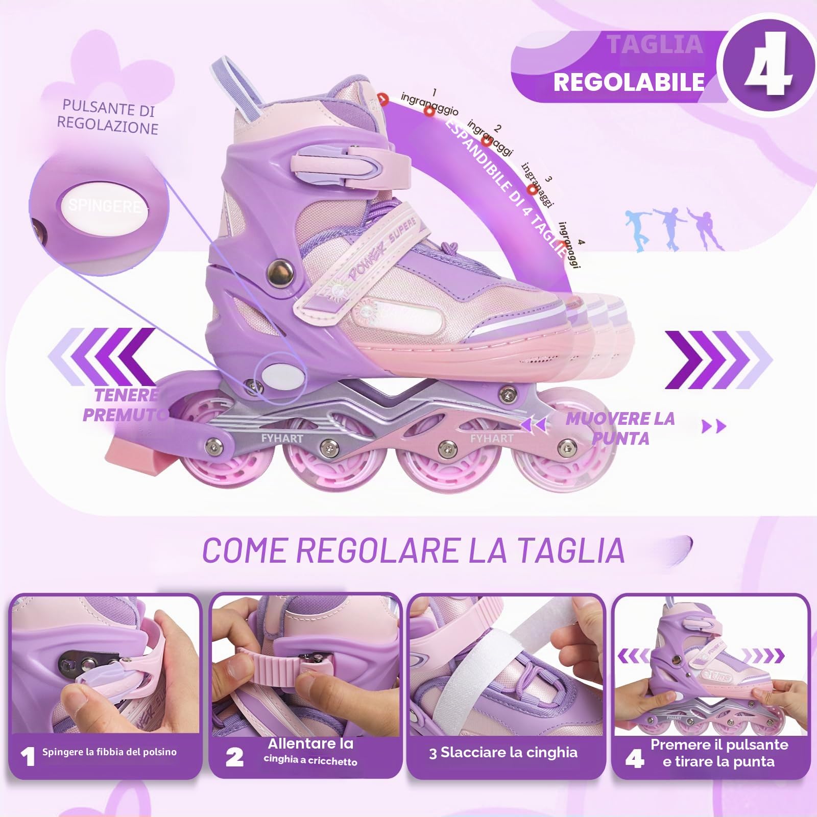 Pattini in linea per bambina e ragazze, Regolabili pattini in linea a 4 ruote per bambini e adolescenti con ruote luminose per lo sport, Rosa Viola