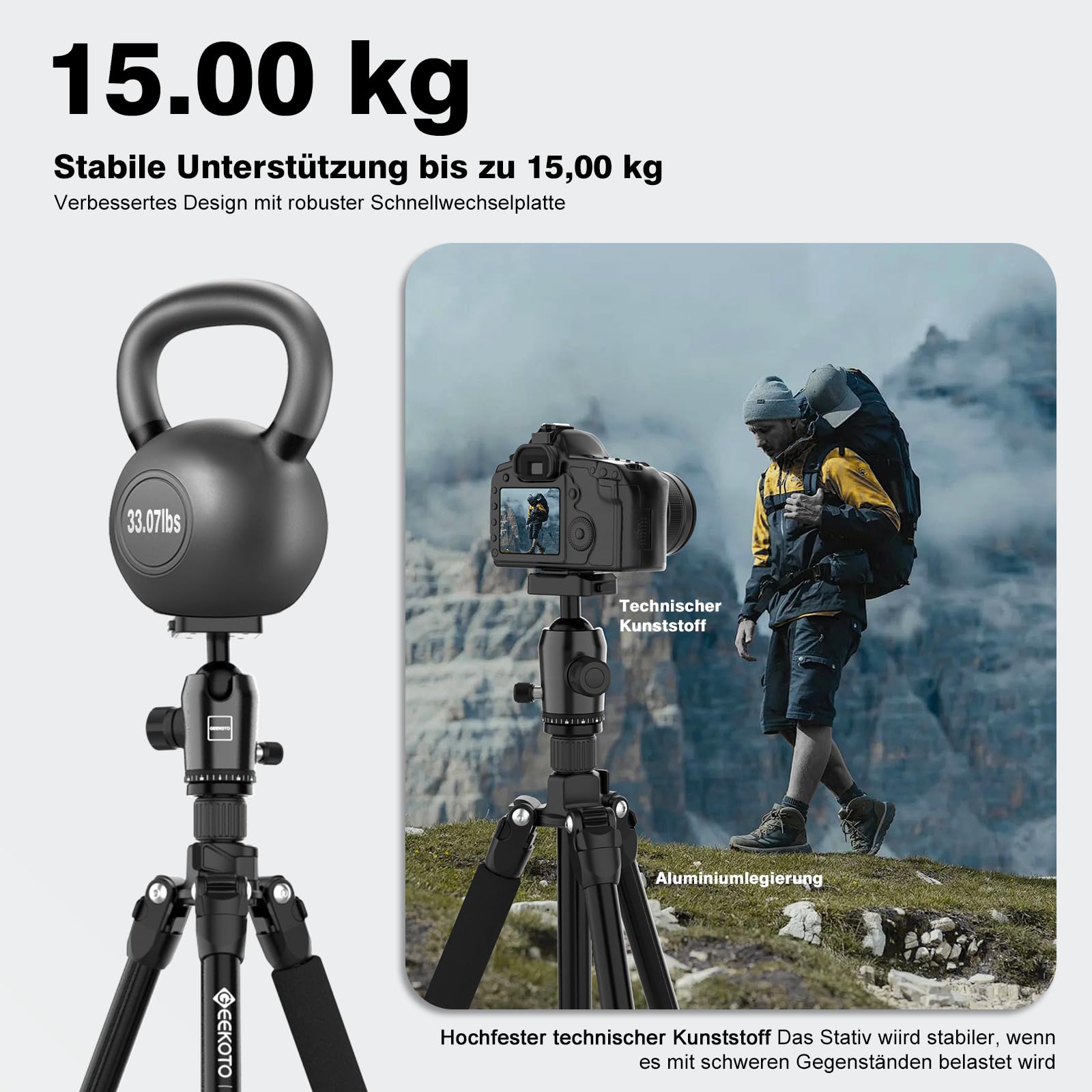 GEEKOTO Treppiede per fotocamera da 77", DSLR Camera Tripod in alluminio, con monopiede e testa a sfera panoramica a 360°, piastra a sgancio rapido 1/4 e custodia per treppiede per fotocamera reflex