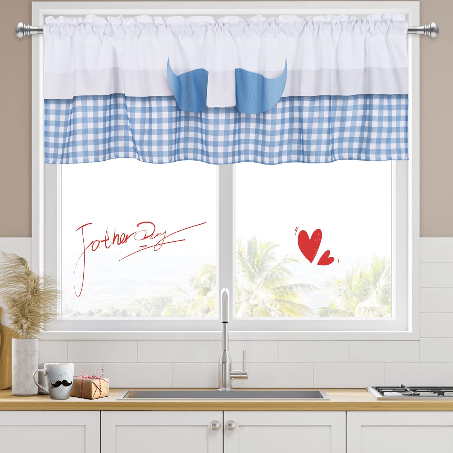 FRAMICS Blue Buffalo Plaid Valances, Father's Day Kitchen