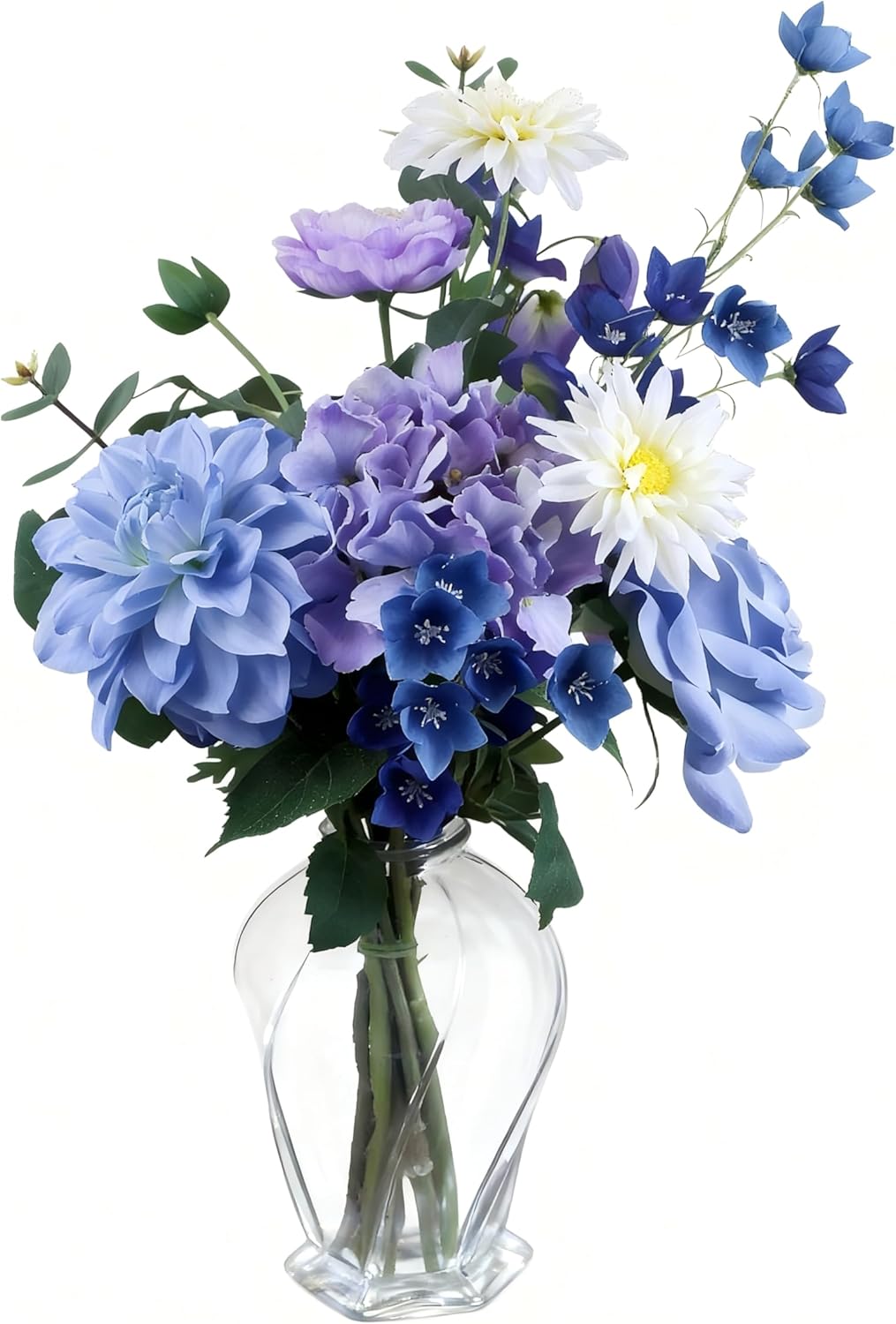 Artificial Flower Arrangement with Transparent Art Glass Vase, Blue and Purple Fake Flowers, 20 Inches Tall, 9 Flowers, Indoor Decor