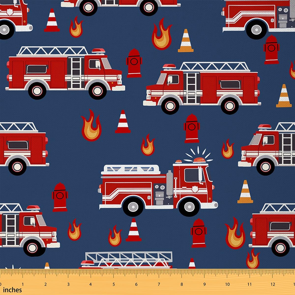 Cartoon Fire Engine Fabric by The Yard Cute Construction Vehicle Decor Fabric for Kids Boys Teens Red Flame Outdoor Trucks Print Fabric for DIY