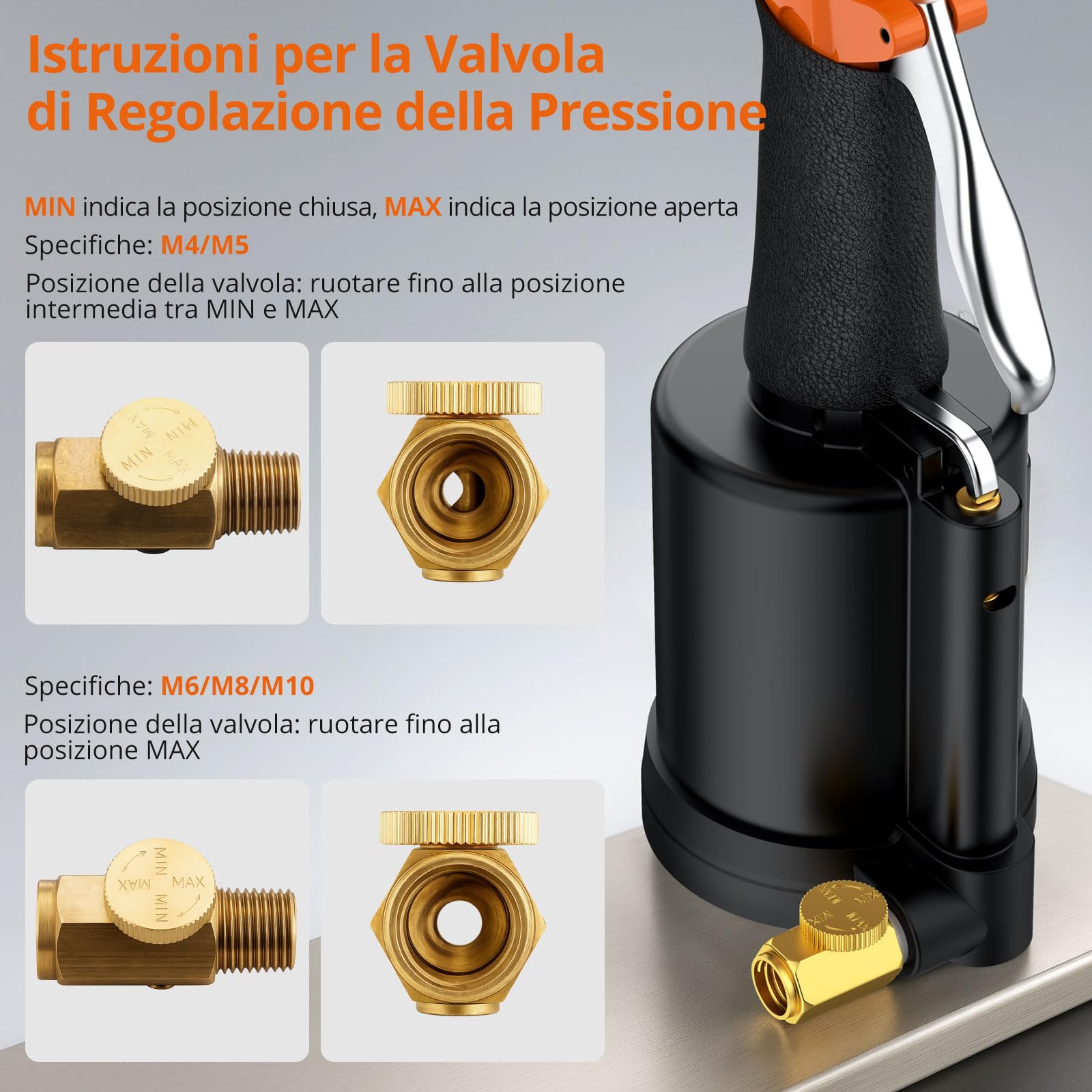 Proster Pistola Pneumatica per Rivetti Nut Set Rivet Nut con 5 Mandrini Metrici M4-M10 Forza di Trazione 1400KGF Valvola di Regolazione della Pressione Attrezzo per Fai da Te e Officina con Custodia