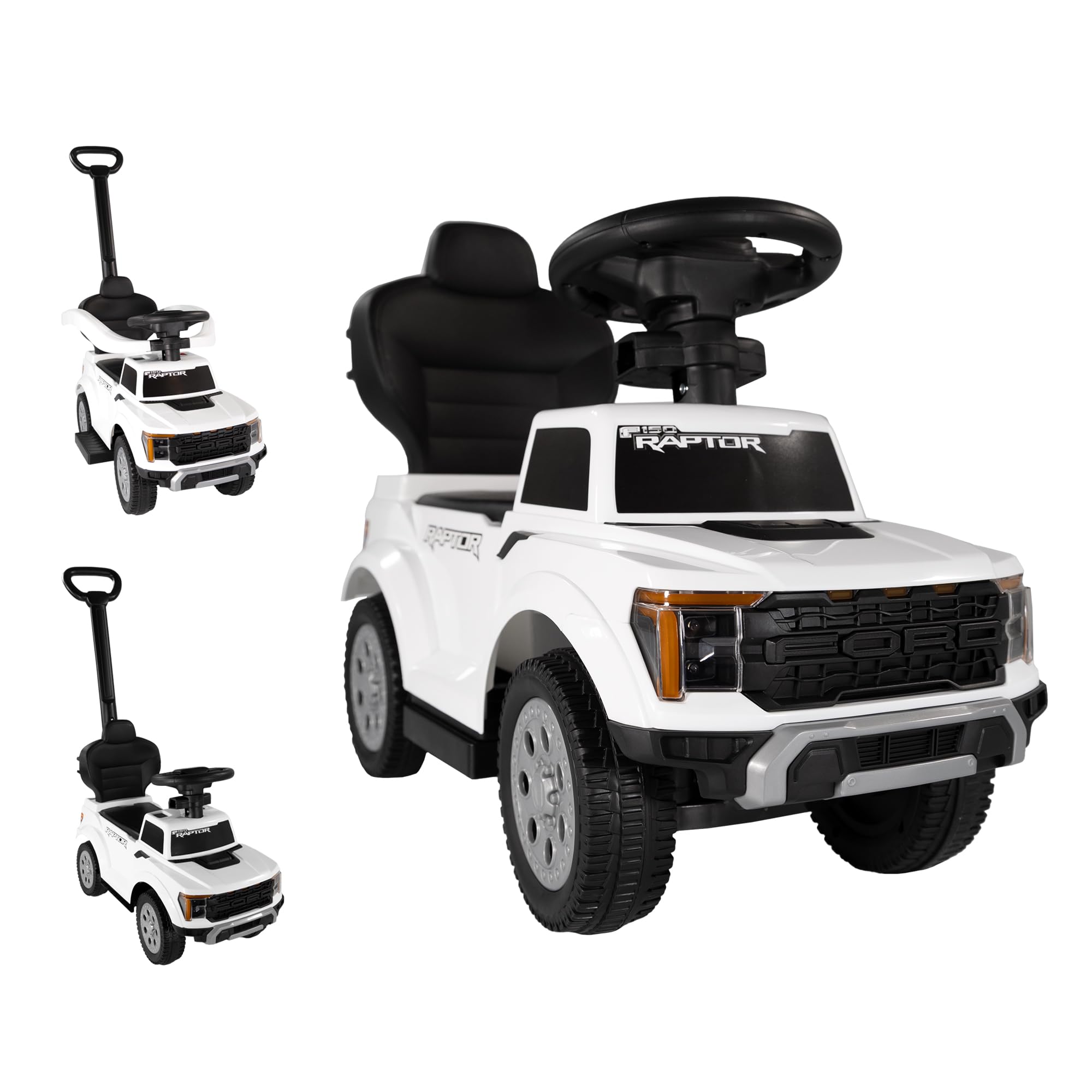 Lemodo Rutschauto Ford F-150 weiß mit Schiebestange, Kinderfahrzeug aus Kunststoff mit Sound-Lenkrad, abnehmbarem Sicherheitsbügel, Fußstütze & Staufach, Rutscherauto ab 1 Jahr