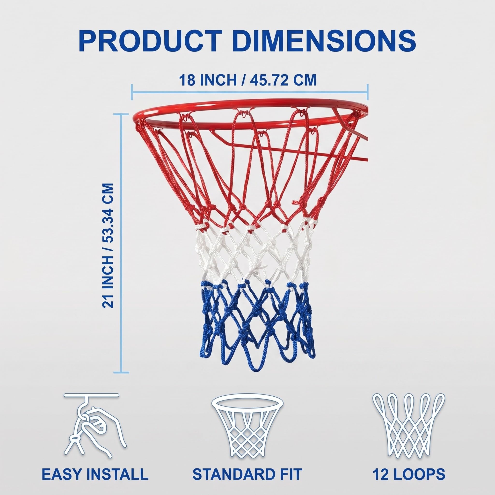 Rete da Basket 2 Pezzi, Professionale per Canestro Esterno & Interno, Anti-Strappo, Resistente Intemperie, 12 Anelli Ricambio Anti-Frusta