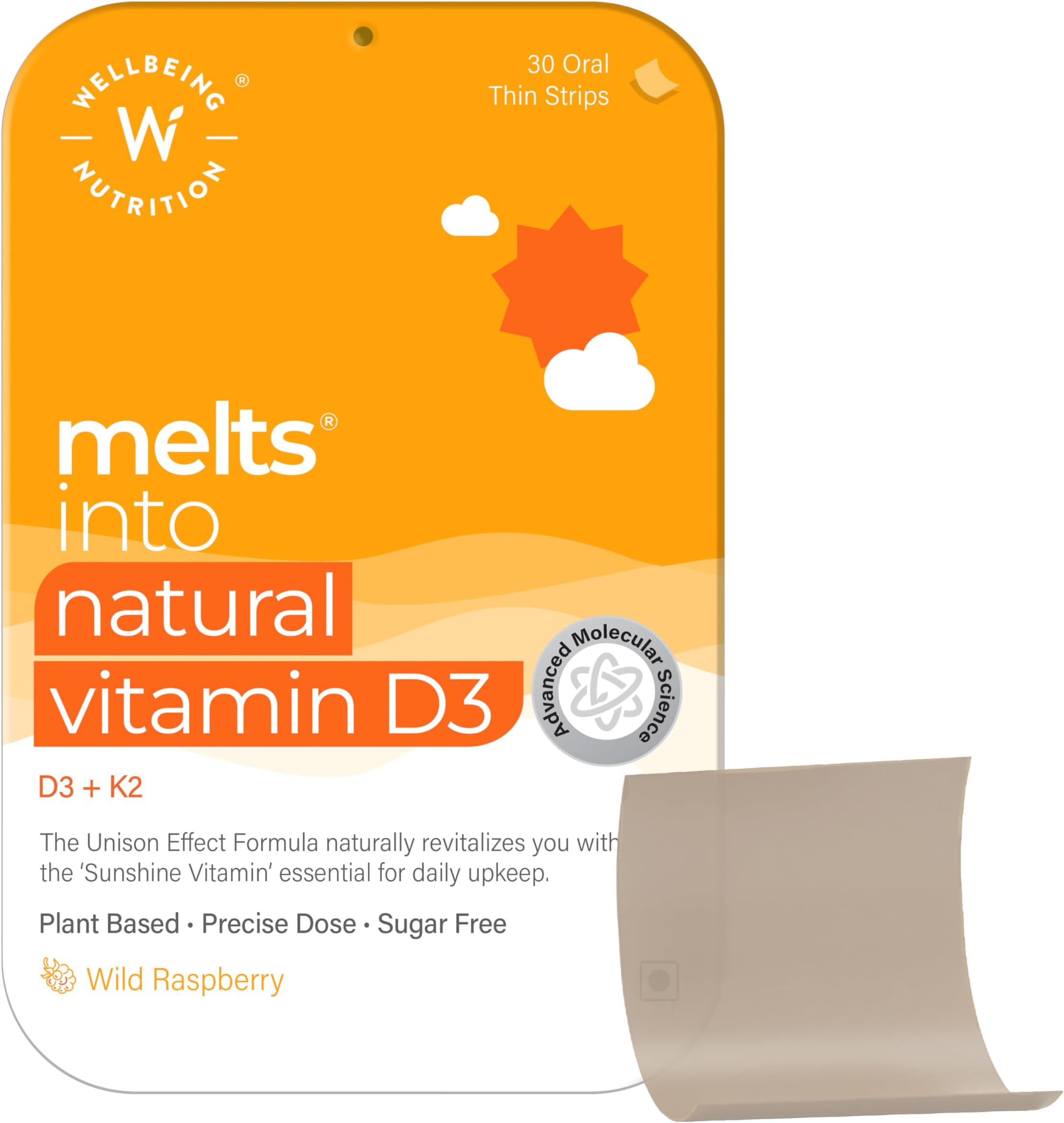 - Wellbeing Nutrition Melts Natural Vitamin D3 600IU + K2 as MK7 with Resveratrol, Vitamin A | For Calcium Absorption Immunity, Heart, Bone, Cellular Protection, 30 Oral Strips