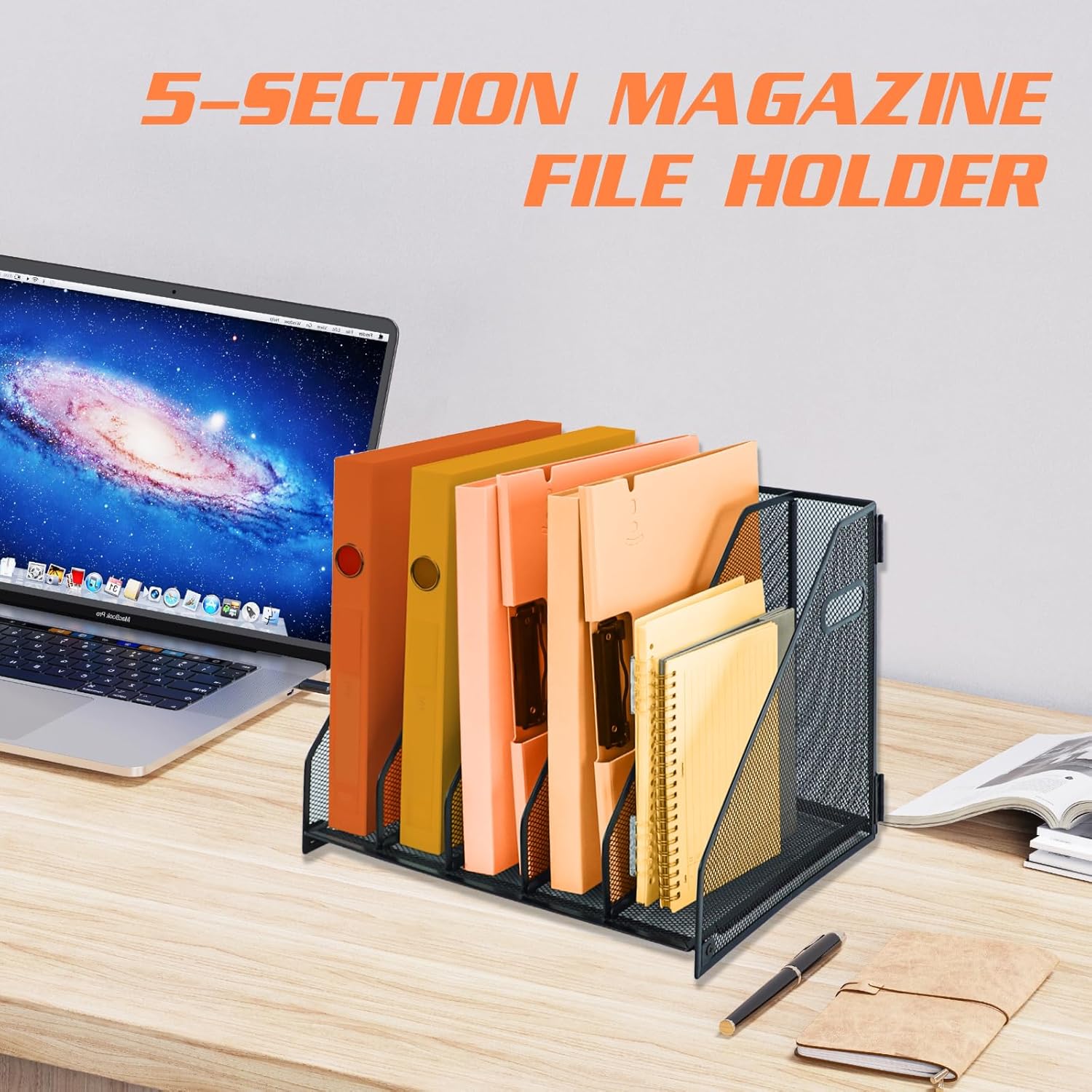 Magazine file holder for desk with 5 Vertical Compartments Folder Storage Binder Organizer for Office Home School Organization, Black
