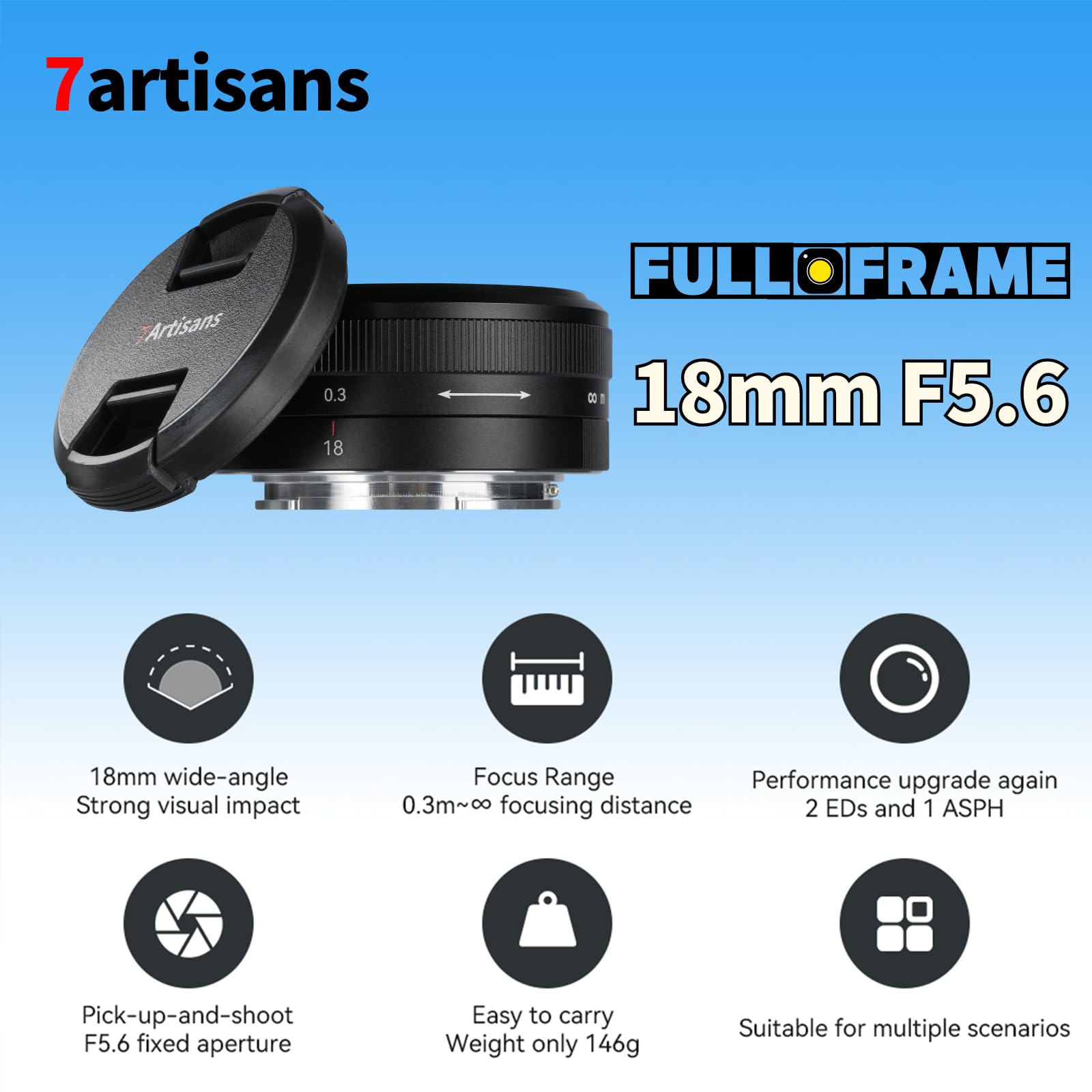 7Artisans Obiettivo F5.6 E da 18 mm, ultra fine, full frame, messa a fuoco manuale, ampia apertura, obiettivo a distanza focale fissa, compatibile con filtri da 49 mm, Sony A7III, A9, NEX 3, 7, A6100,