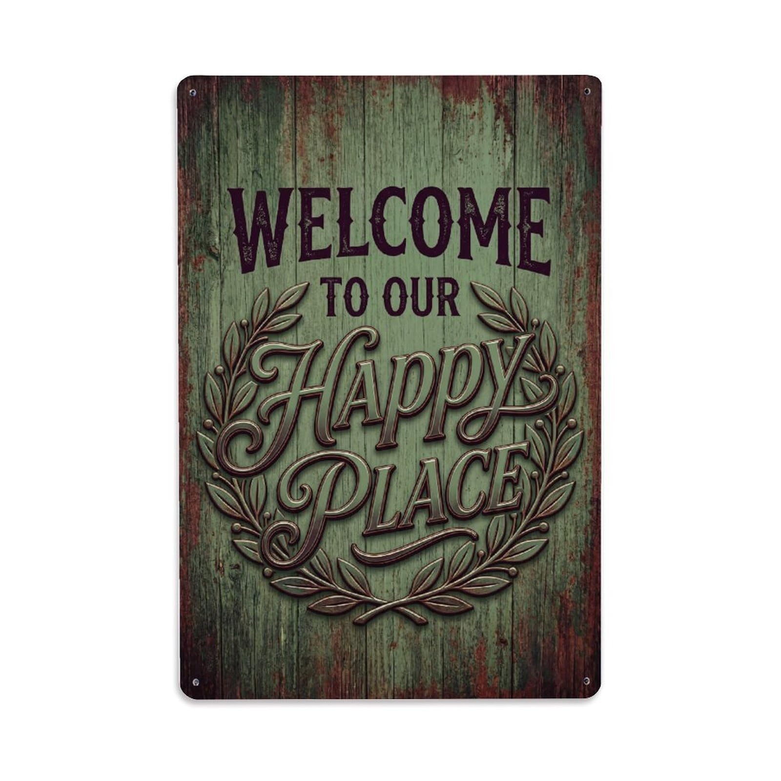Fqnyr Style Welcome To Our Happy Place Laurel Grove Metal Tin Sign Plaque Wall Decor For Cafe, Club Bar, Office, Home Garden Metal Poster 8X12inch