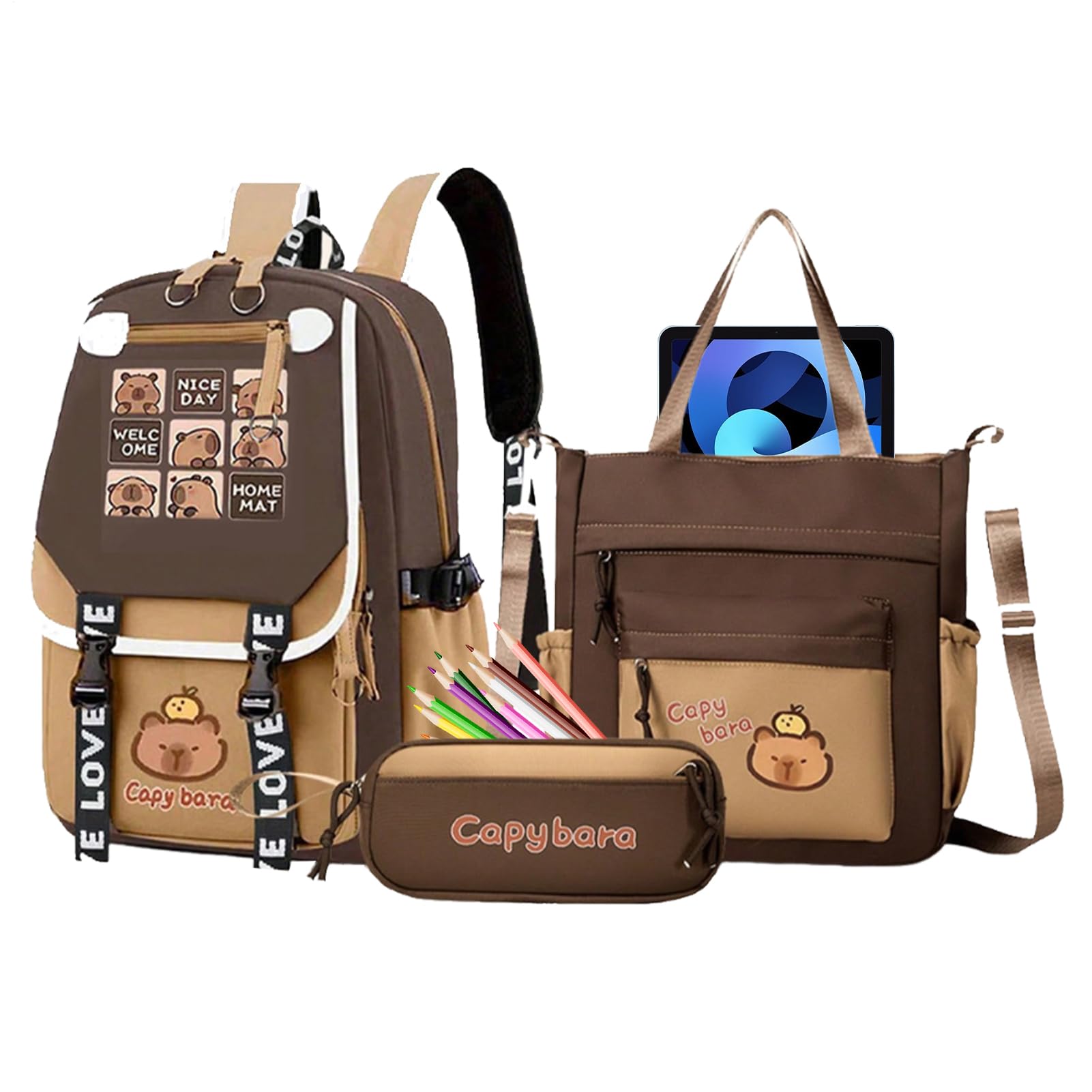 Mochilas escolares lindas con capibara y estuche para adolescentes 8