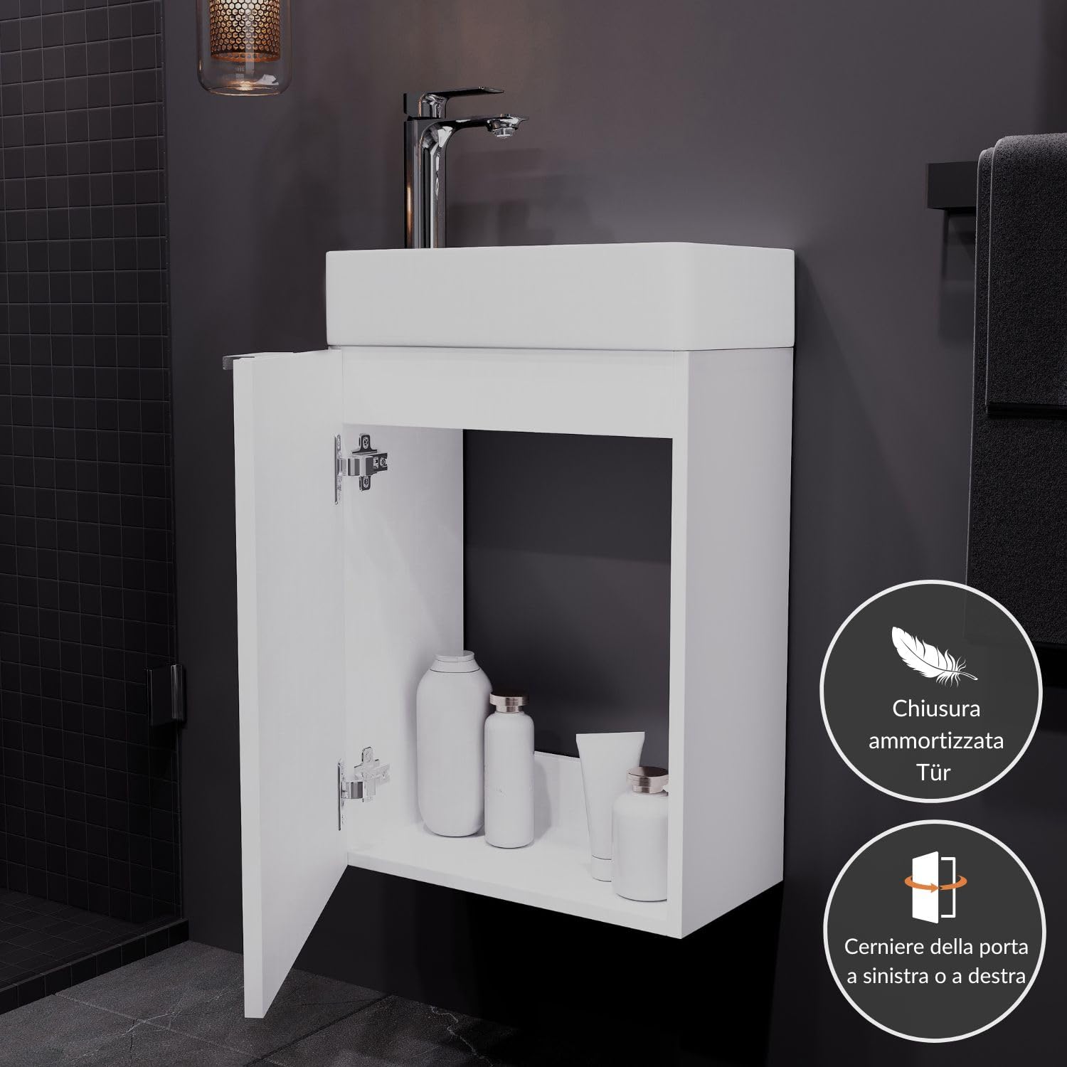 Planetmöbel Mobile bagno sottolavabo 40 cm con rubinetto cromata, mobiletto bagno con lavabo per bagni piccoli, WC ospiti, bianco