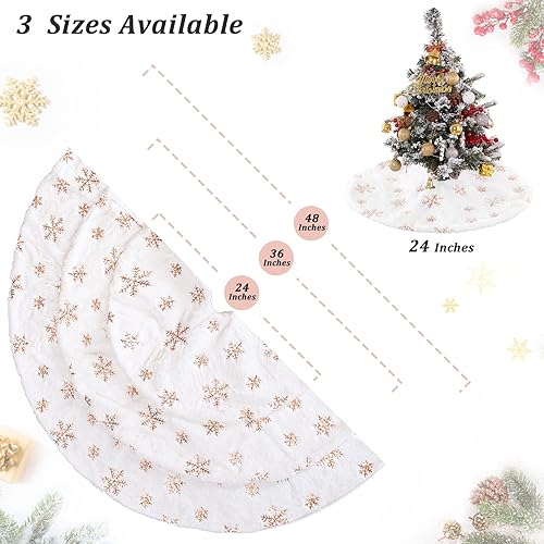 Miniatura 7 de Falda de árbol de copos de nieve de oro rosa de 24 pulgadas, faldas de árbol de piel sintética blanca, mini faldas de árbol de Navidad, tapete de