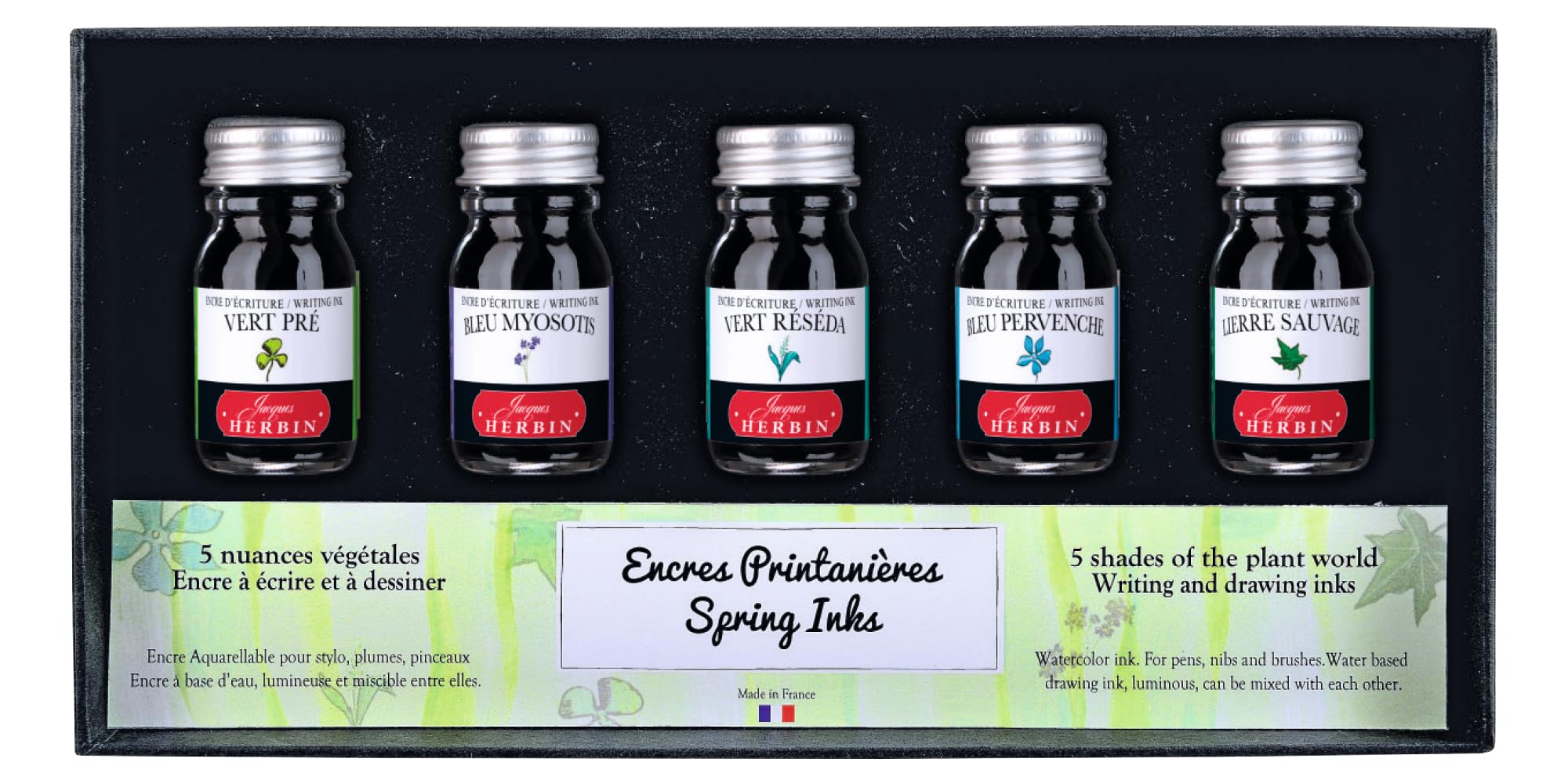 Jacques Herbin 18501T - Set of 5 bottles of 10 ml ink for fountain pens and rollerball pens, assorted spring Colours. Made in France - Drawing - Writing