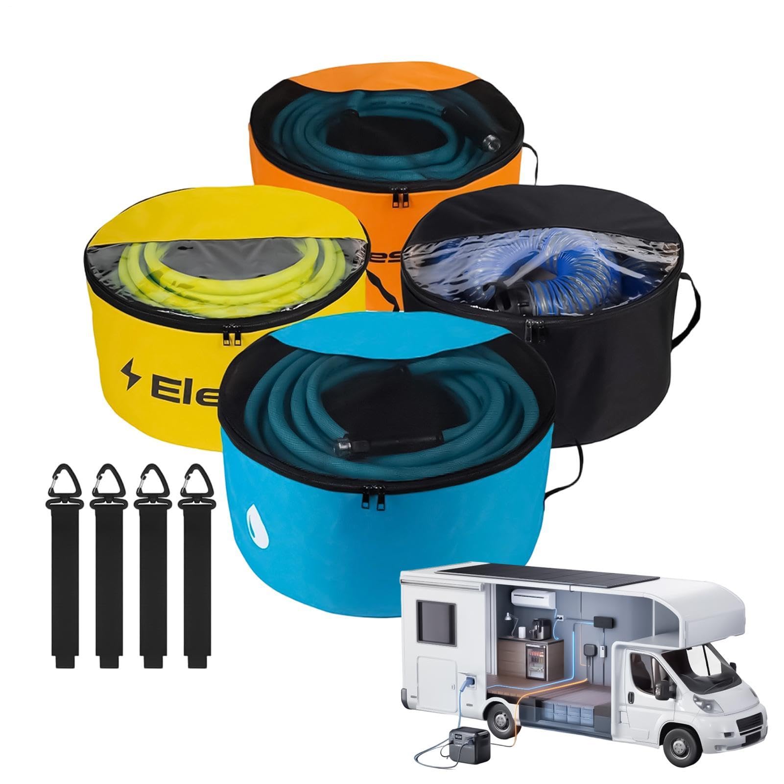 Sacca Portatubo da Camper 4 Pezzi Organizer Impermeabile | Borsa Per Tubo Di Scarico Con Chiusure A Cerniera A Due Vie E Copertura Trasparente per Cavo Elettrico, Campeggio, Giardino,