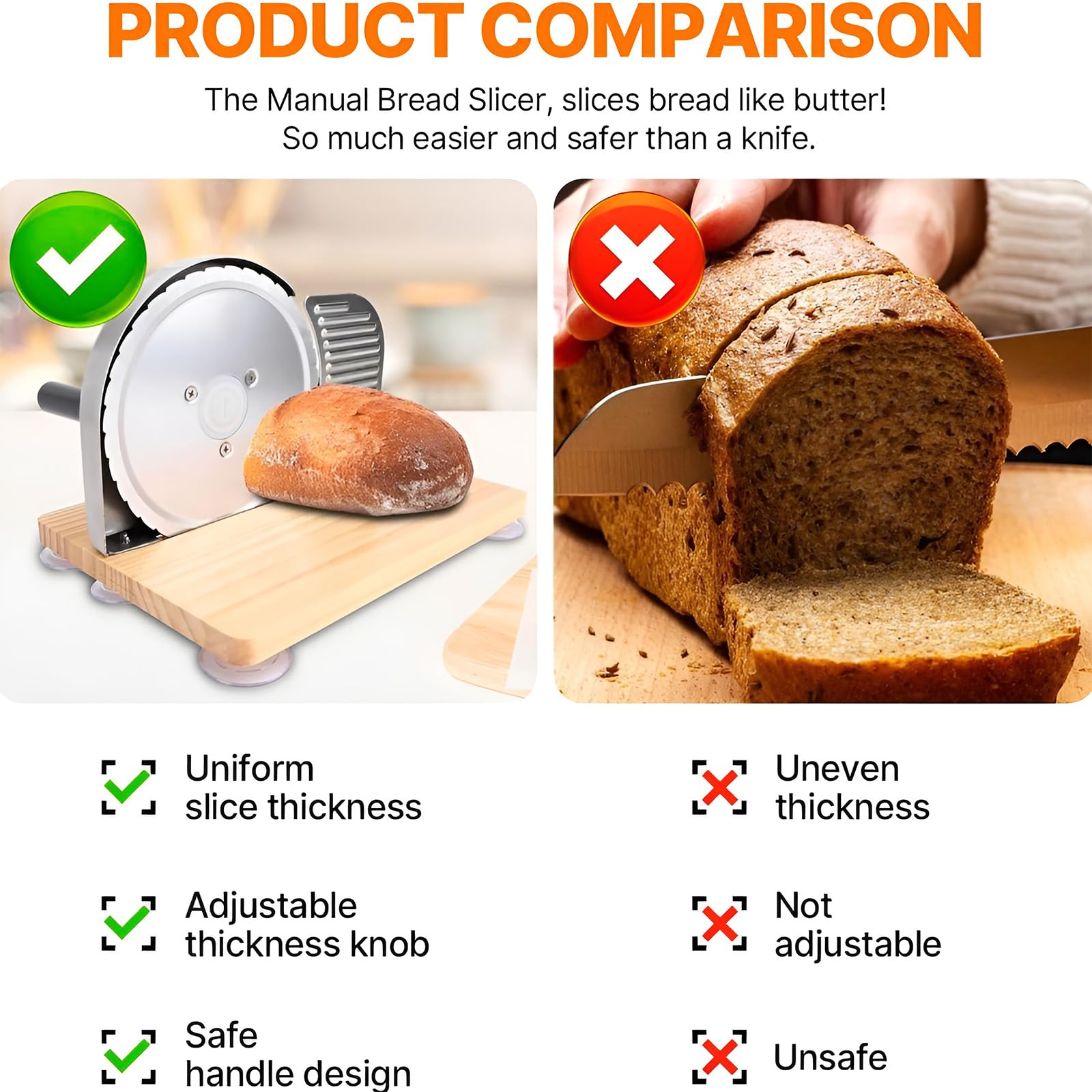 Cortador manual de pan con grosor ajustable, cortador de manivela para masa madre casera y pan sándwich, rebanadas uniformes con escala y base de succión
