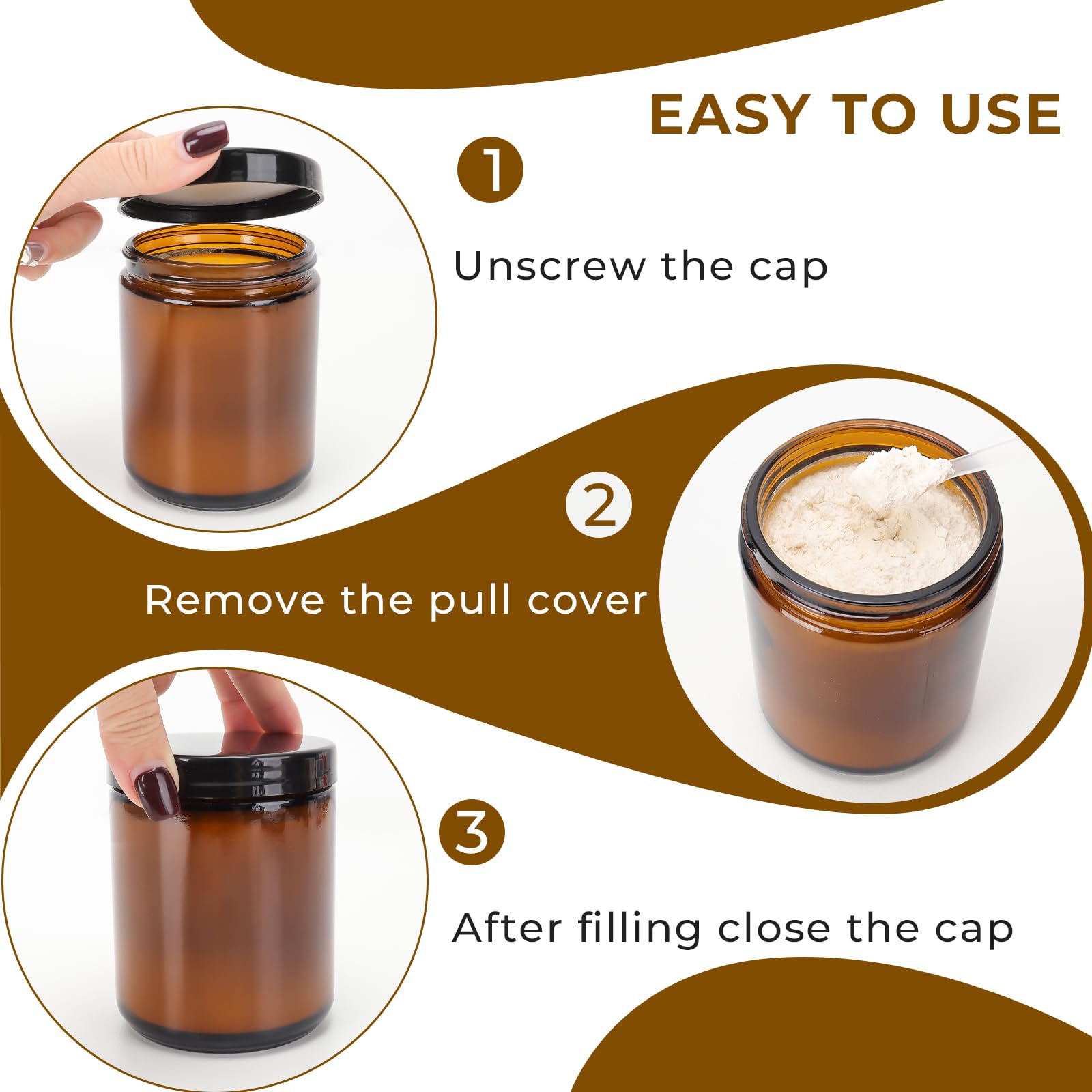 CulnCraz 12 Pack 240 ml Amber Round Glass Jars, 8 oz Empty Cosmetic Containers with Inner Liners - Image 3