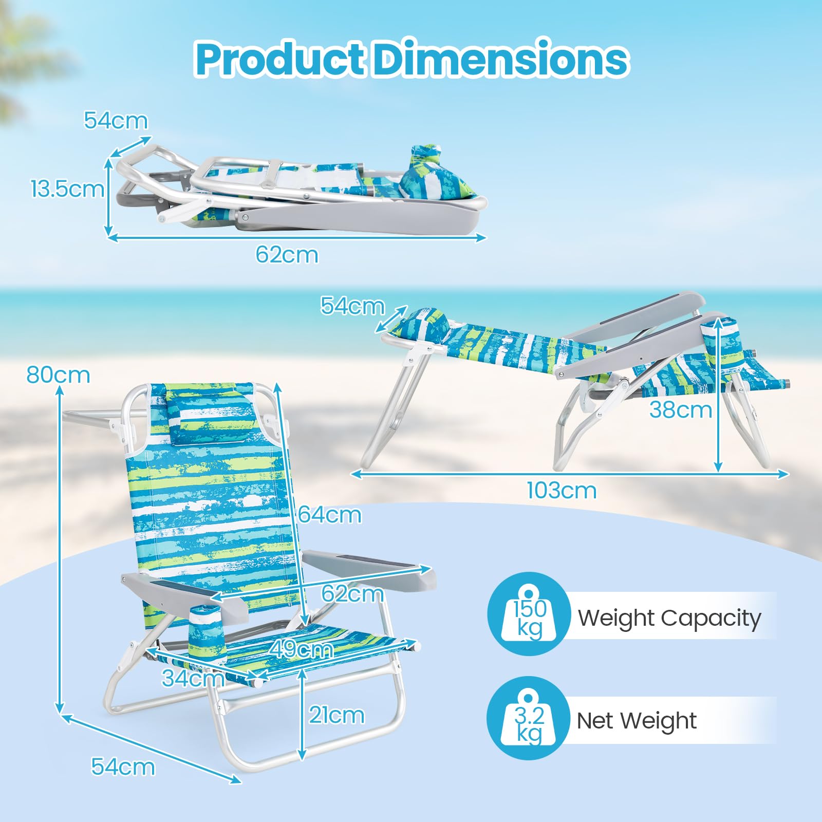 GIANTEX Sedia pieghevole da spiaggia e campeggio, schienale regolabile 4 posizioni, portasciugamani e cuscino, 2 in 1, fino a 150 kg (62 x 54 x 80 cm, strisce verdi)